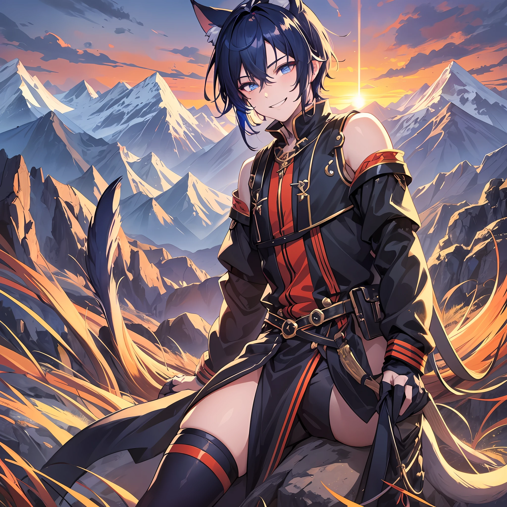 1boy, glossy dark blue hair, amber eyes, large sharp cat ears, cat tail, staring at viewer while grinning, mountainous setting, sunrise, 4k Resolution