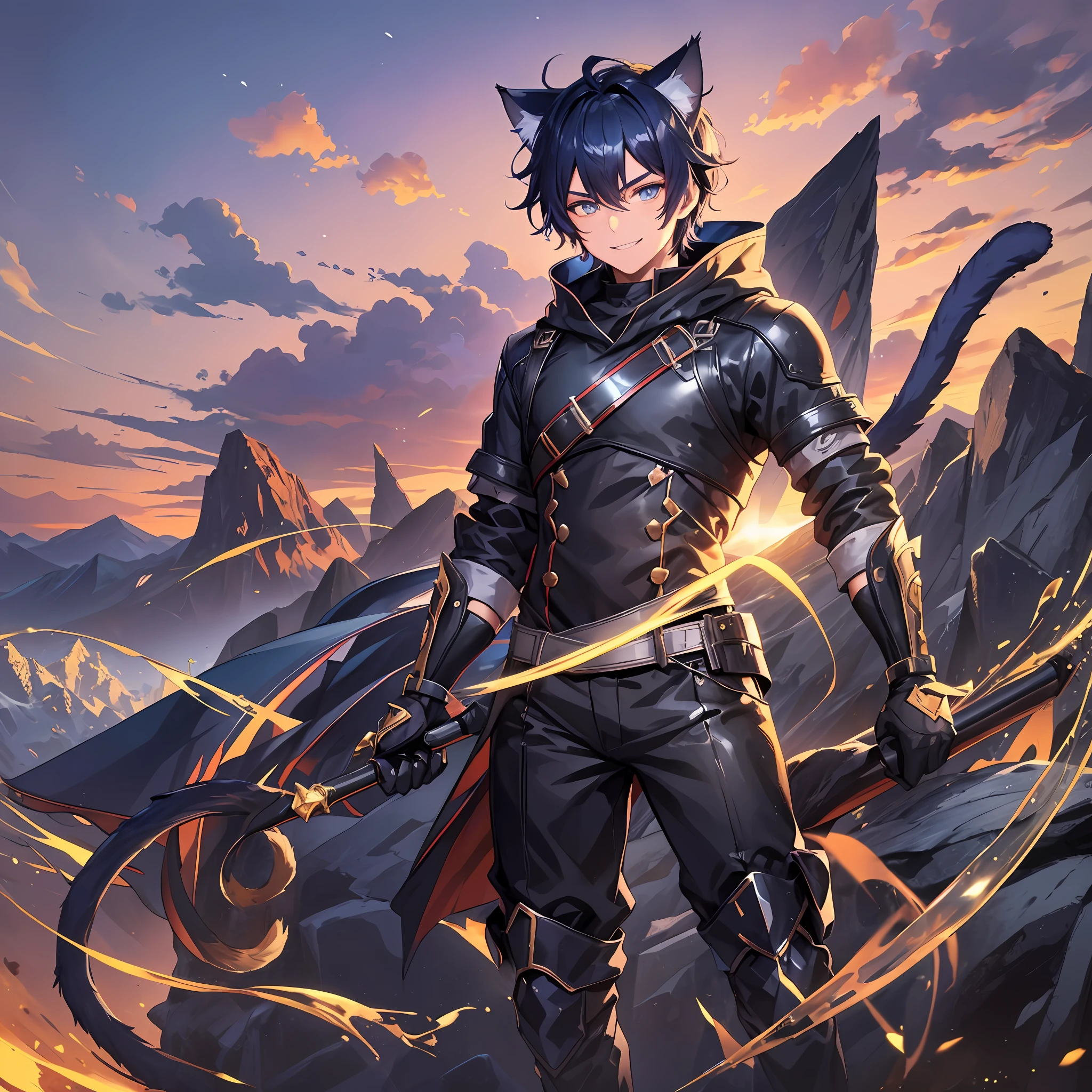 1boy, glossy dark blue hair, amber eyes, large sharp cat ears, cat tail, staring at viewer while grinning, mountainous setting, sunrise, 4k Resolution