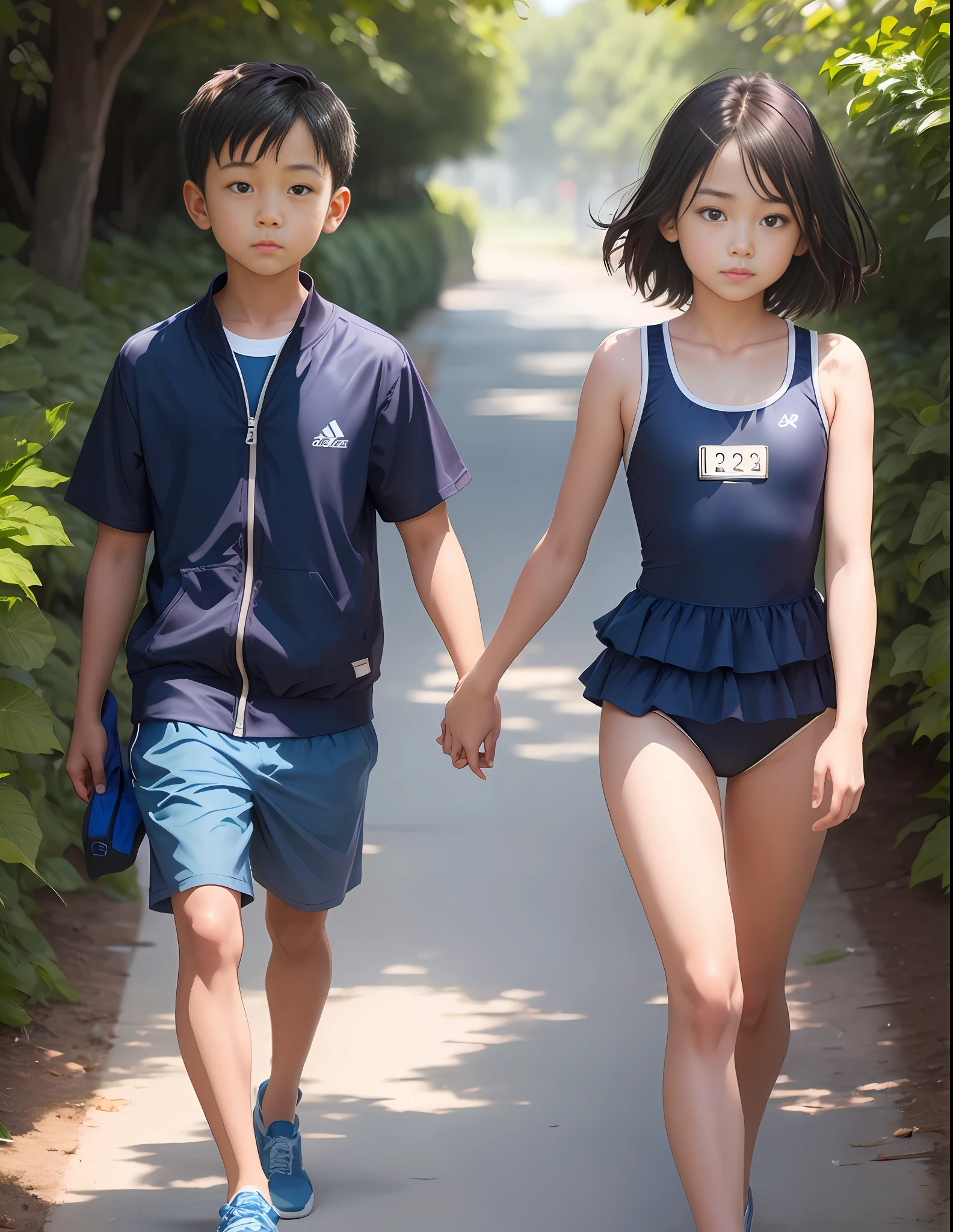 Girl in dark blue school swimsuit and dark blue
Picture of a boy in a bikini swimsuit walking hand in hand