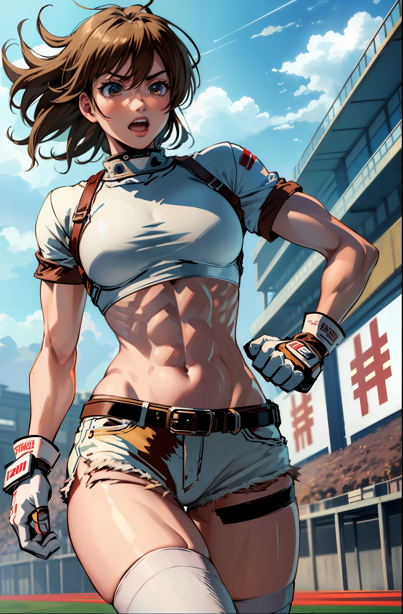 (masterpiece, best quality: 1.2), cowboy shot, solo, 1girl (kazama-asuka, muscular female, short brown hair, white skin, brown eyes), angry, running in sports crop top, shorts, (gloves: 1.1), on a Speedway