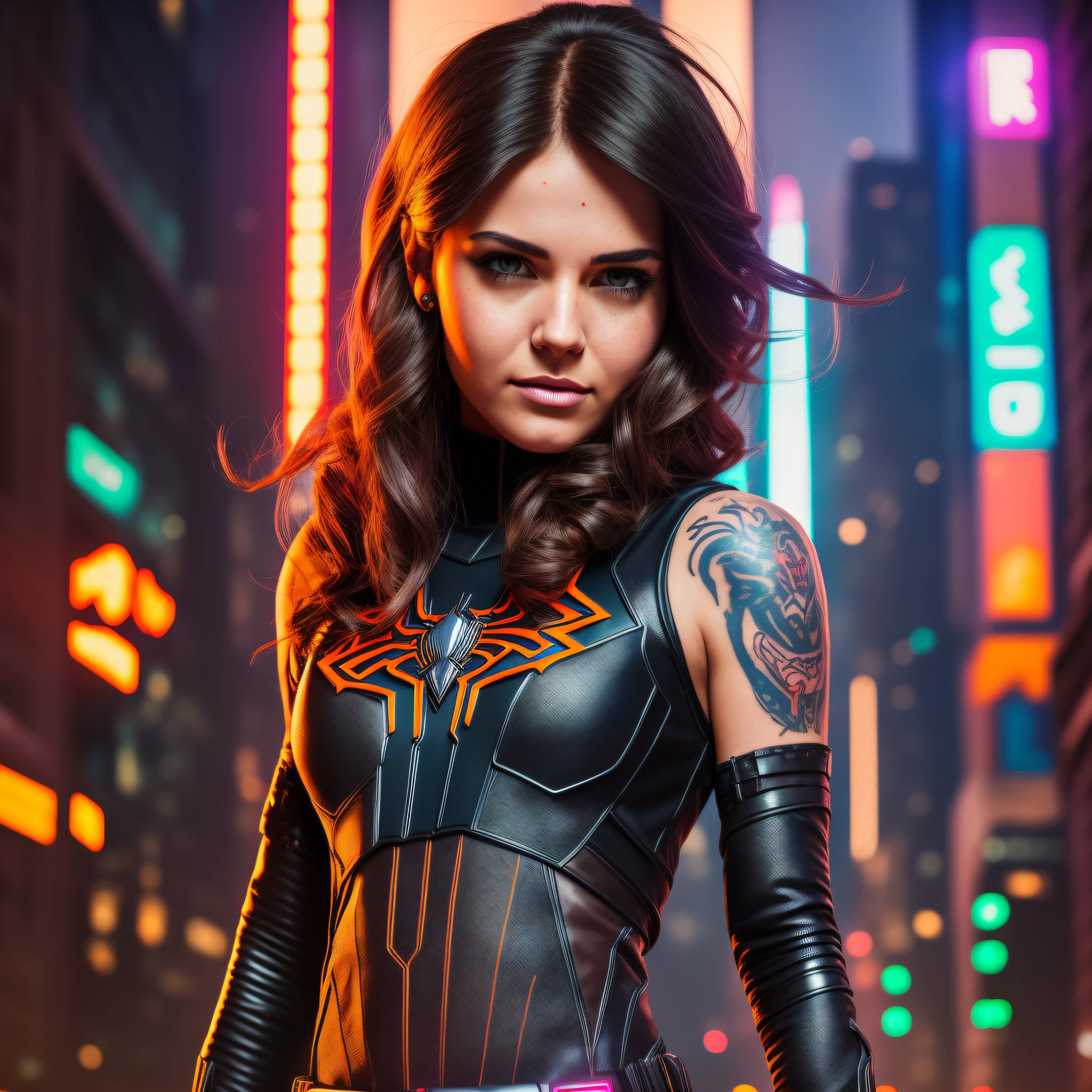 photograph of a beautiful young punk woman wearing futuristic Spider-Man cosplay without the black mask with neon lights. brown hair. tattoos on the face. defined face. realism.dimples. fitness body. Photorealism 1.4. Scratchy face. 8k.RAW. Detailed face. futurism. cyberpunk city. neon lights.