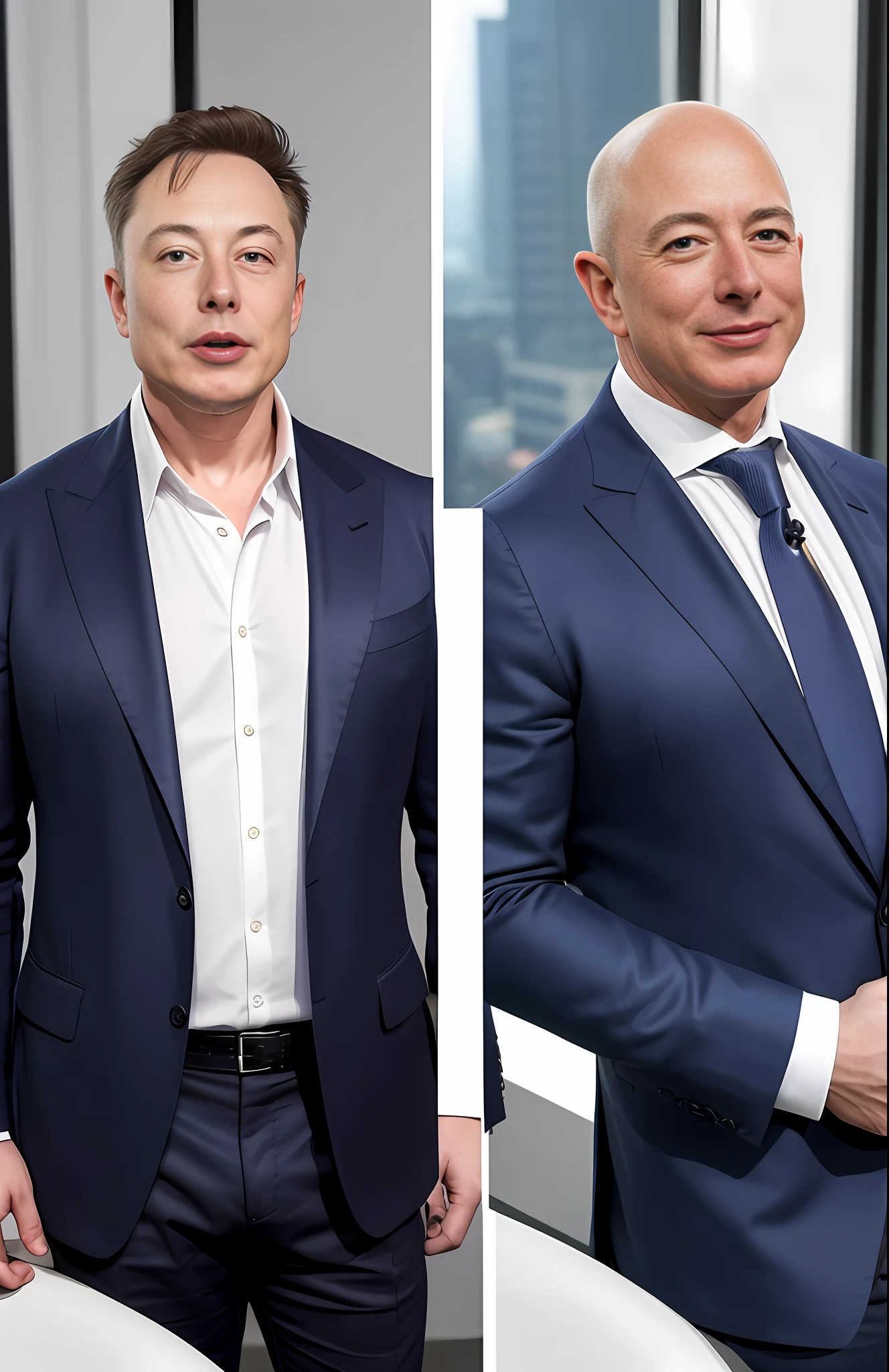 Only Elon musk and Jeff bezos,Elon Musk and Jeff Bezos posing together in one photo,and sitting wearing stylized suits, one has dark hair and one is standing, one is sitting on chair and one is standing behind him, grand window, dramatic realistic lighting, very realistic, realistic skin, realistic skin texture, realistic hair texture, realistic, detailed face, detailed eyes, detailed mouth,
Coserene, majestic, professional photography, sony alpha 7 series iv, UHD, 9999K , lens 24mm, iso 300 , f1.0, aperture 1/100, ultra detailed, hyper realistic model:Sreal