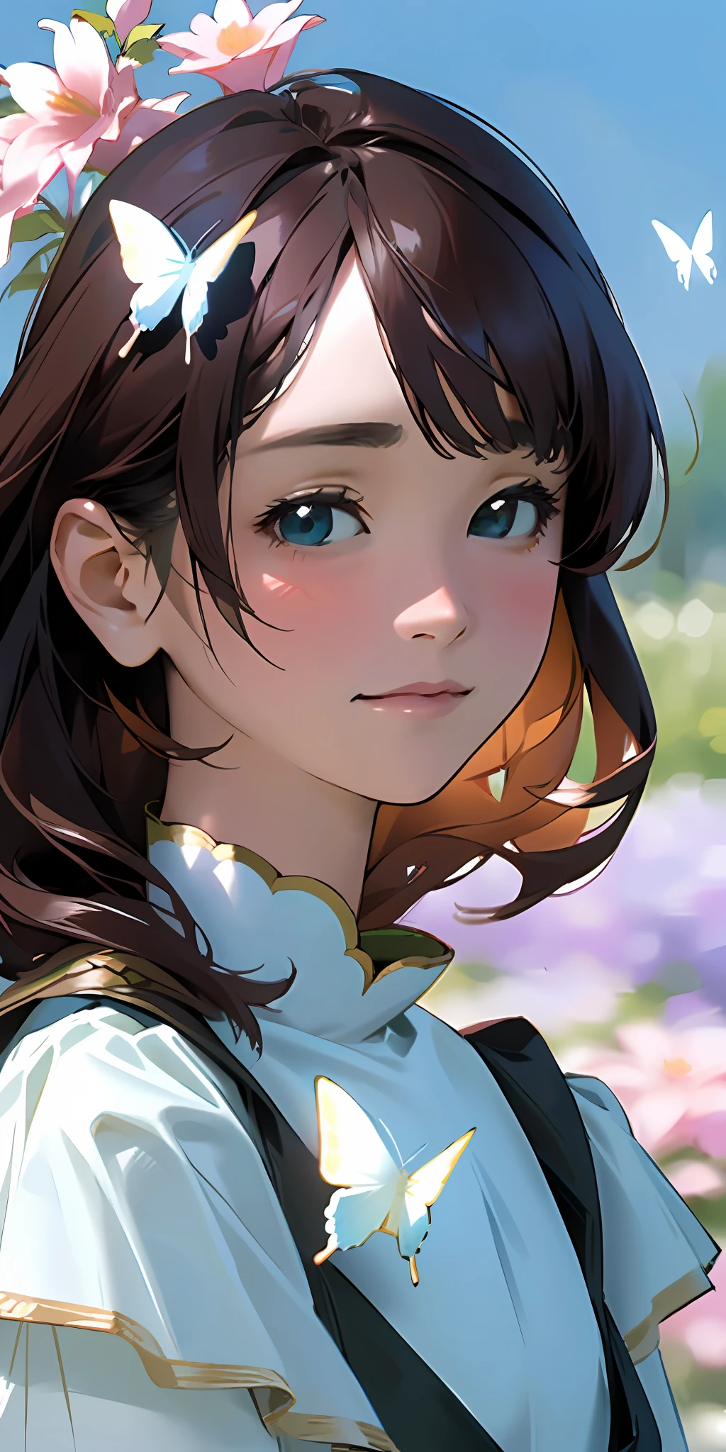 (best quality, masterpiece, ultra-realistic), 1 beautiful delicate portrait of a girl with a soft and peaceful expression, the background scenery is a garden with flowers and butterflies flying around. --v6