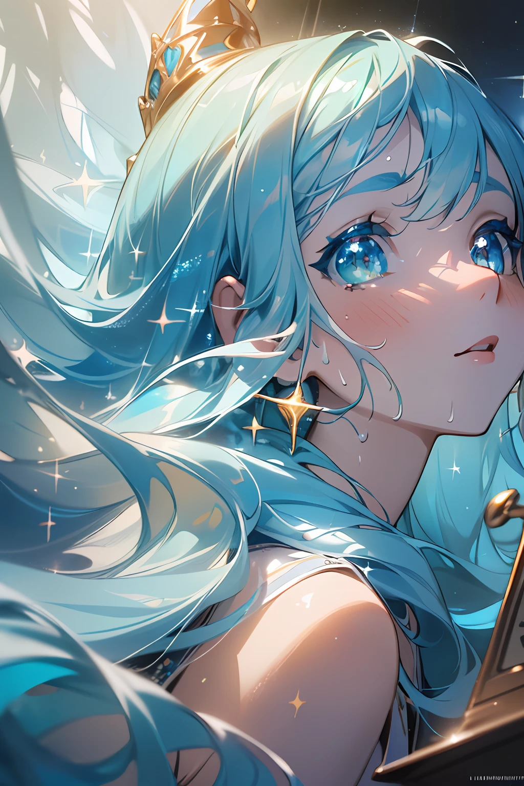 ((best quality)), ((high resolution)), ((best quality)), ((best lighting)), (best luminosity), (best artist), (masterpiece), ((work of art)), ((illustrative work)), ((best artist)), ((best desinger)), a girl at the bottom of the sea, long blue hair strewn across the sea, wearing aquatic clothes, (((extremely detailed, bright, well-painted, lumineful, sparkling eyes:1.3), award-winning film studio cinematic indirect lighting, 8k CG extremely detailed, incredibly delicate, sweaty