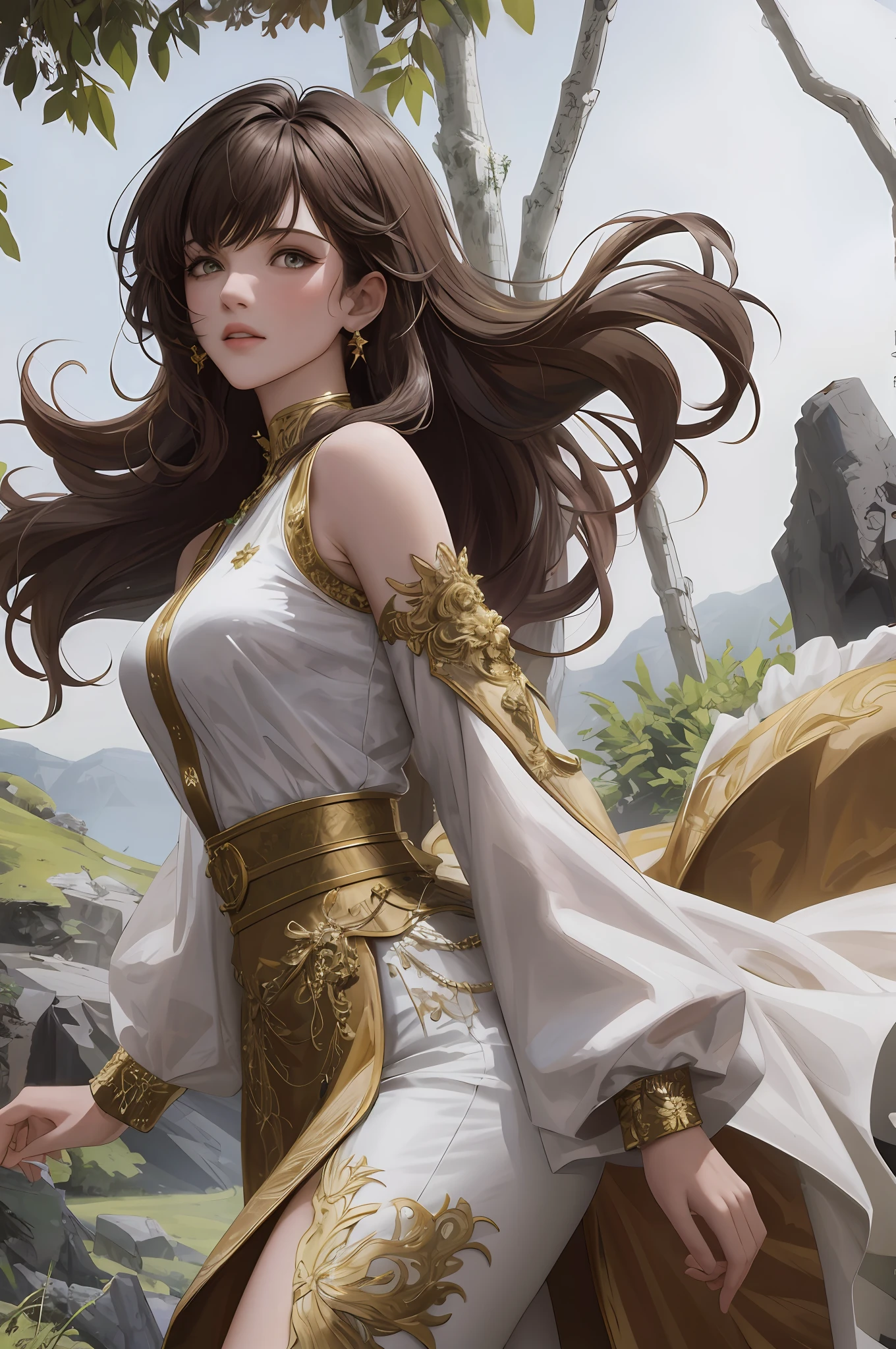 8k, best quality, masterpiece, highly detailed, semi realistic, a girl, a girl, 20 years old, looking at hands, long dark brown hair with bangs, curly hair, green eyes, black Japanese style cut clothes, white pants, bare shoulders, golden details, thin figure, cold expression, battle scenes, outdoors, forest background, with many trees and dark sky