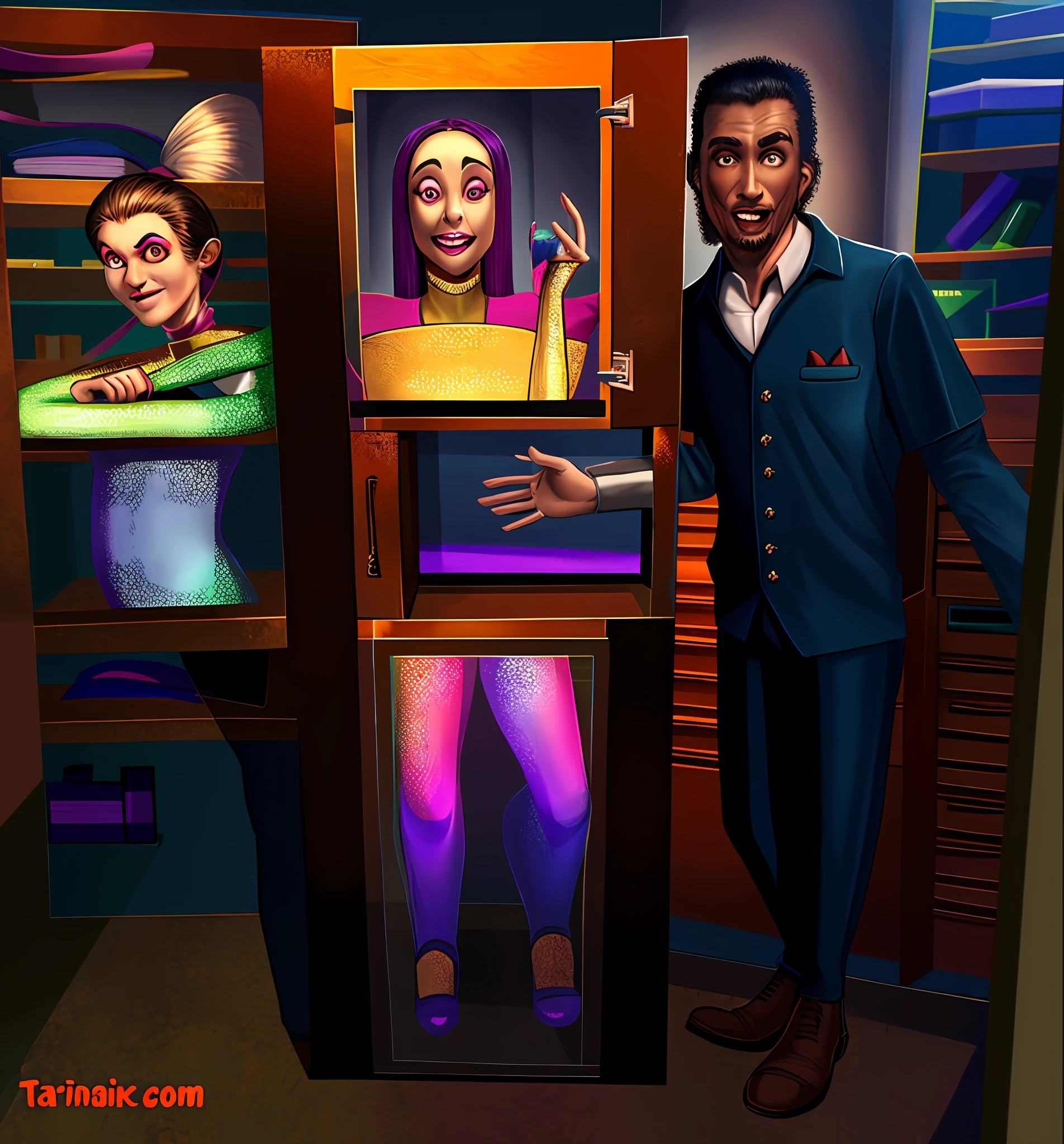 A shocked woman in a magic cabinet with a geometric female figure painted on the front split into three parts with the middle part sitting on a shelf to the right of the rest of the cabinet with the woman's face showing through an oval hole at the top part her eyes looking to the left with her right hand's fingers showing through a hole to the right side of her face with her left hand showing through a hole in the middle box with her left foot showing through a hole in bottom part of the cabinet, with a man standing to the left of the cabinet smiling and posing in a "ta da" pose, highly detailed, colorful, slice of life, magician, ,magician's assistant, sawing a woman in half, the zig zag lady illusion, stage magic, illusionist --auto --s2