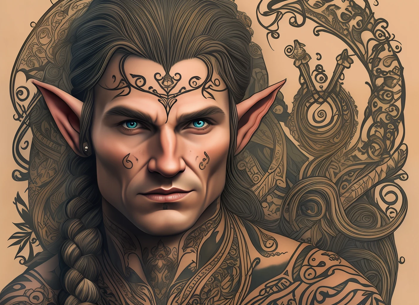 Elf man, brown, braid hair, tattooed