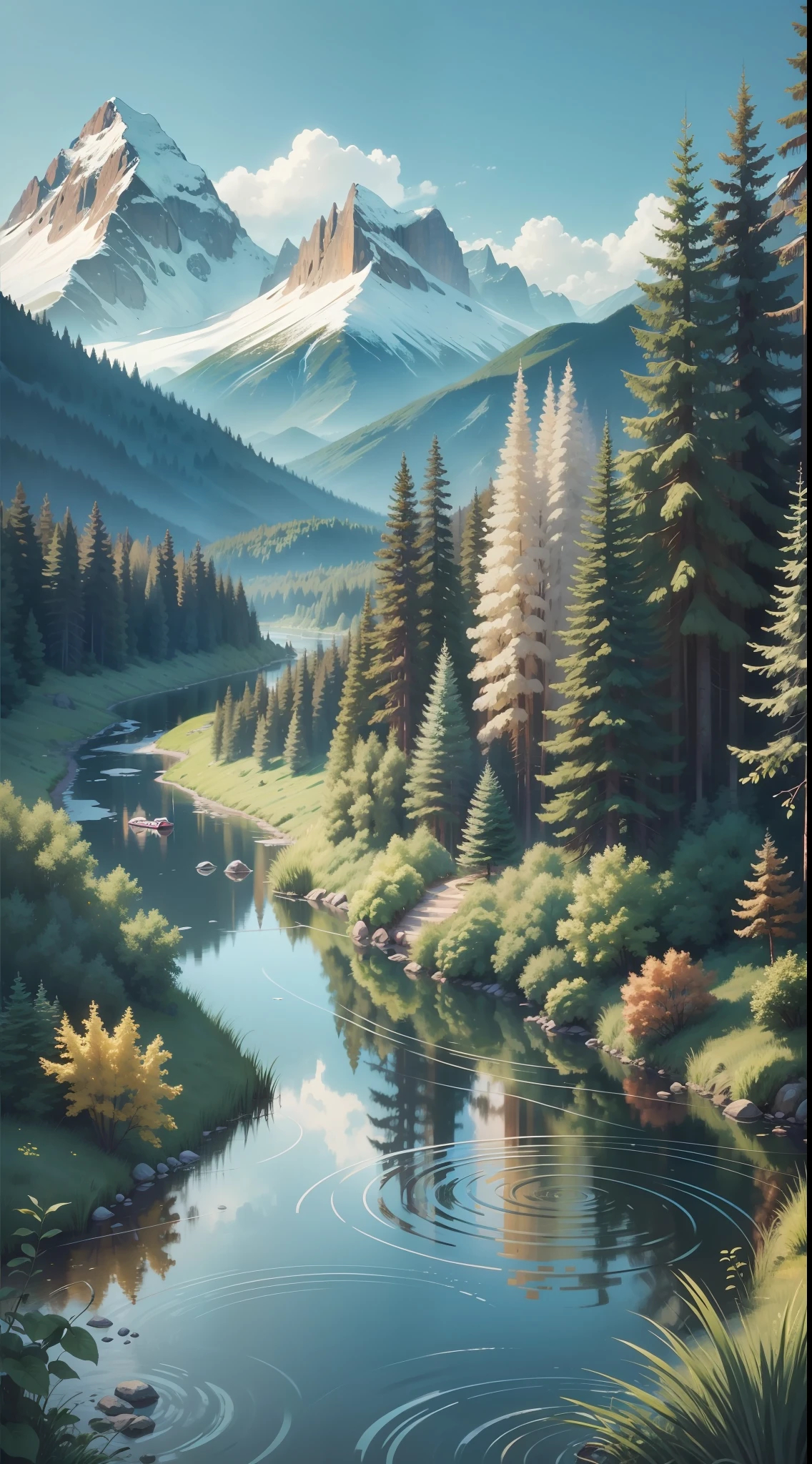 Create a river passing in the middle of a forest, beautiful mountains in the background