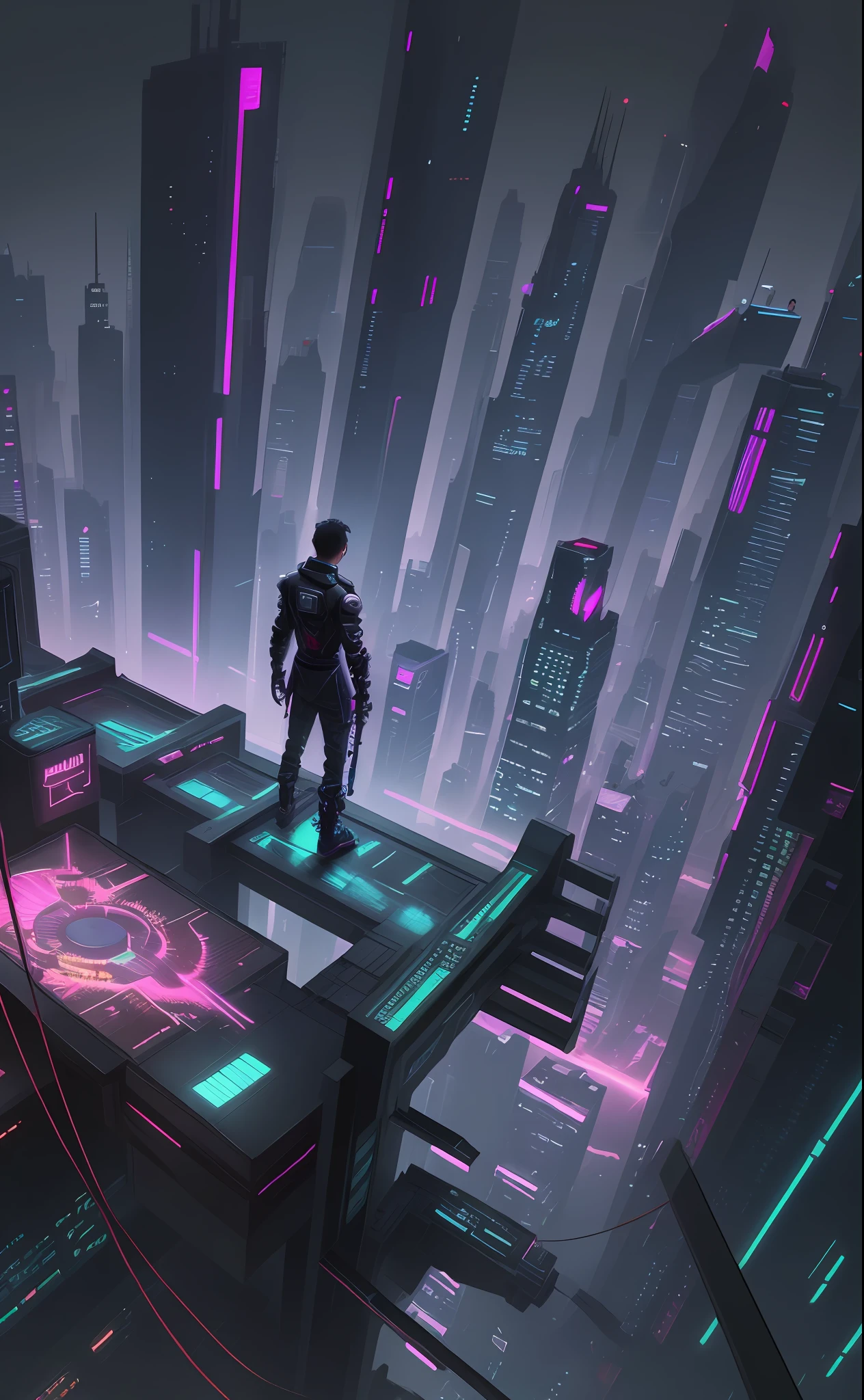 a man standing on a ledge in a futuristic city at night, cyberpunk art style, cyberpunk themed art, cyberpunk in a cyberpunk city, cyberpunk dreamscape, in a futuristic cyberpunk city, in cyberpunk city, cyberpunk vibe, cyberpunk vibrant colors, dreamy colorful cyberpunk colors, at a cyberpunk city, cyberpunk artstyle, at an cyberpunk city, cyberpunk art, cyberpunk vibes, ((masterpiece)), ((best quality)),((high detail)),((realistic))