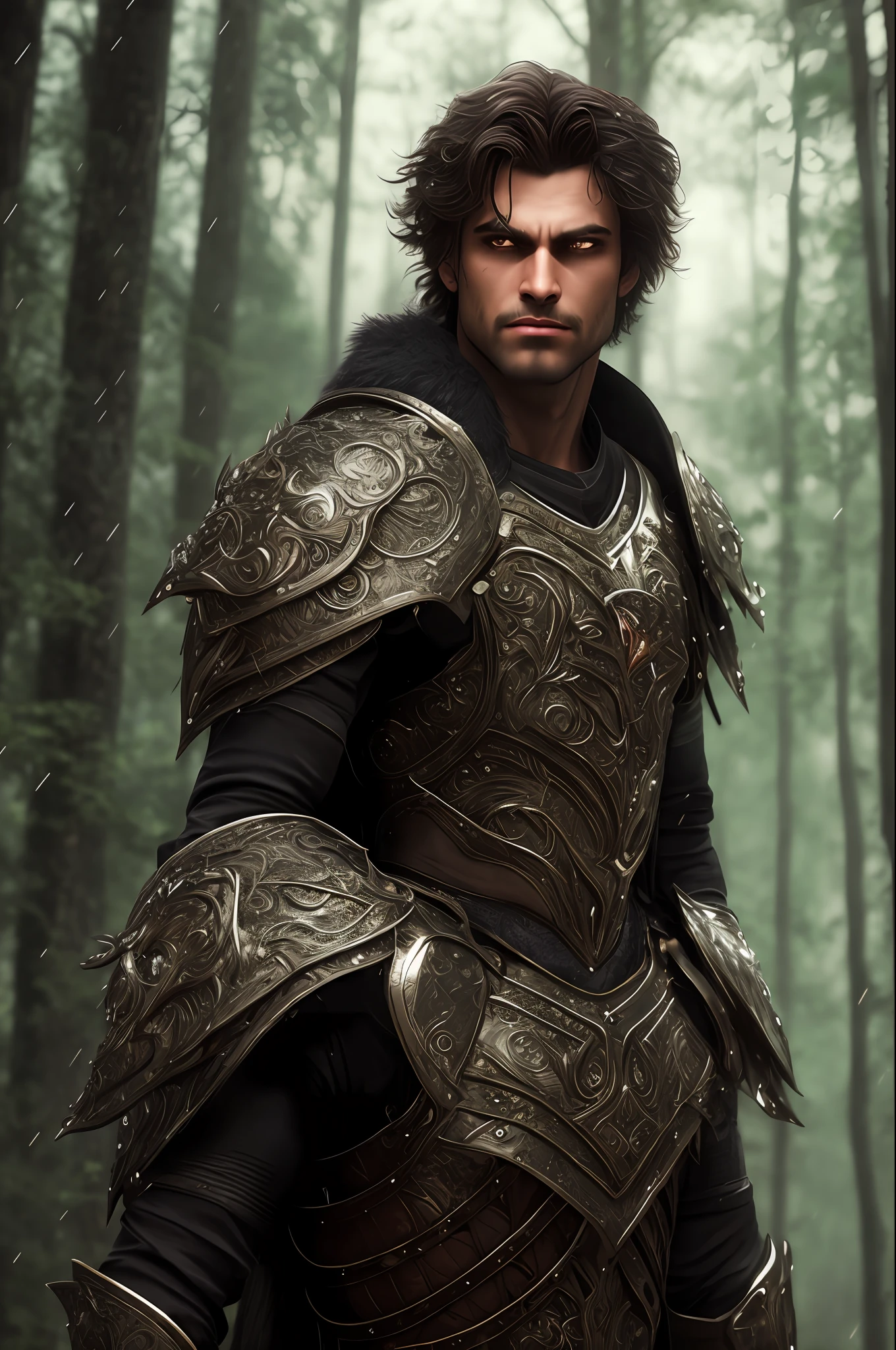 ultra detailed 8k cg, perfect face, insanely handsome face, mature male, armor, revealing clothes, spotlight, looking at viewer, hyperrealistic, werewolf power, sassy look, elegant, forest background, rain, foggy, short messy hair