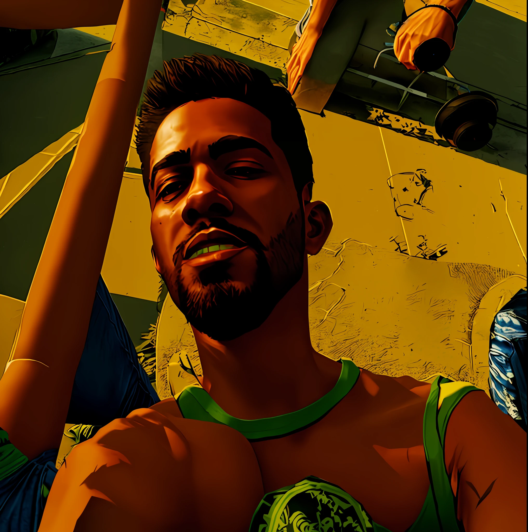 There is a man who is sitting with a watch, very artistic pose, with a cool pose, selfie of a man, 8k selfie photography, GTA San Andreas style, artistic pose, about 1 9 years old, laughs, very low quality image