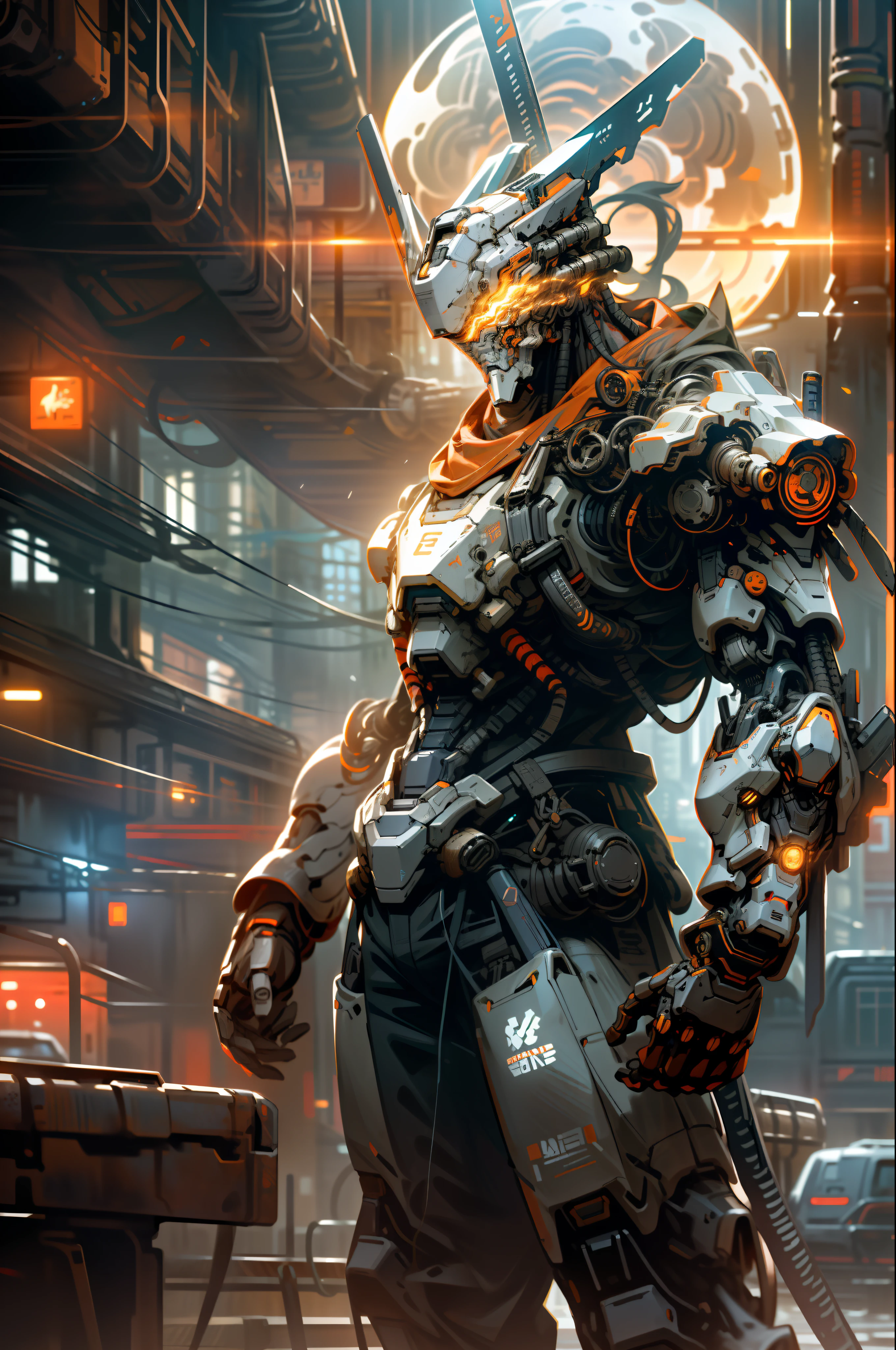 On the moon, barren planet, ruins, holding weapons, no humans, glowing, robot, building, glowing eyes, orange mech, science fiction, city, reality, mecha, galaxy background, full body, neon, cyber Punk, 8K wallpapers, ultra-detailed artwork, cinematic lighting, realistic photos, Dark_Fantasy, Cyberpunk, (chain saw, chain saw man, Red: 1.1), 1man, Mechanical marvel, Robotic presence, Cybernetic guardian, wearing a worn-out machine armor suit, intricate, (steel metal [rust]), elegant, sharp focus, photographed by greg rutkowski, soft lighting, vibrant colors, masterpiece, ((street)), cowboy shot, dynamic pose,