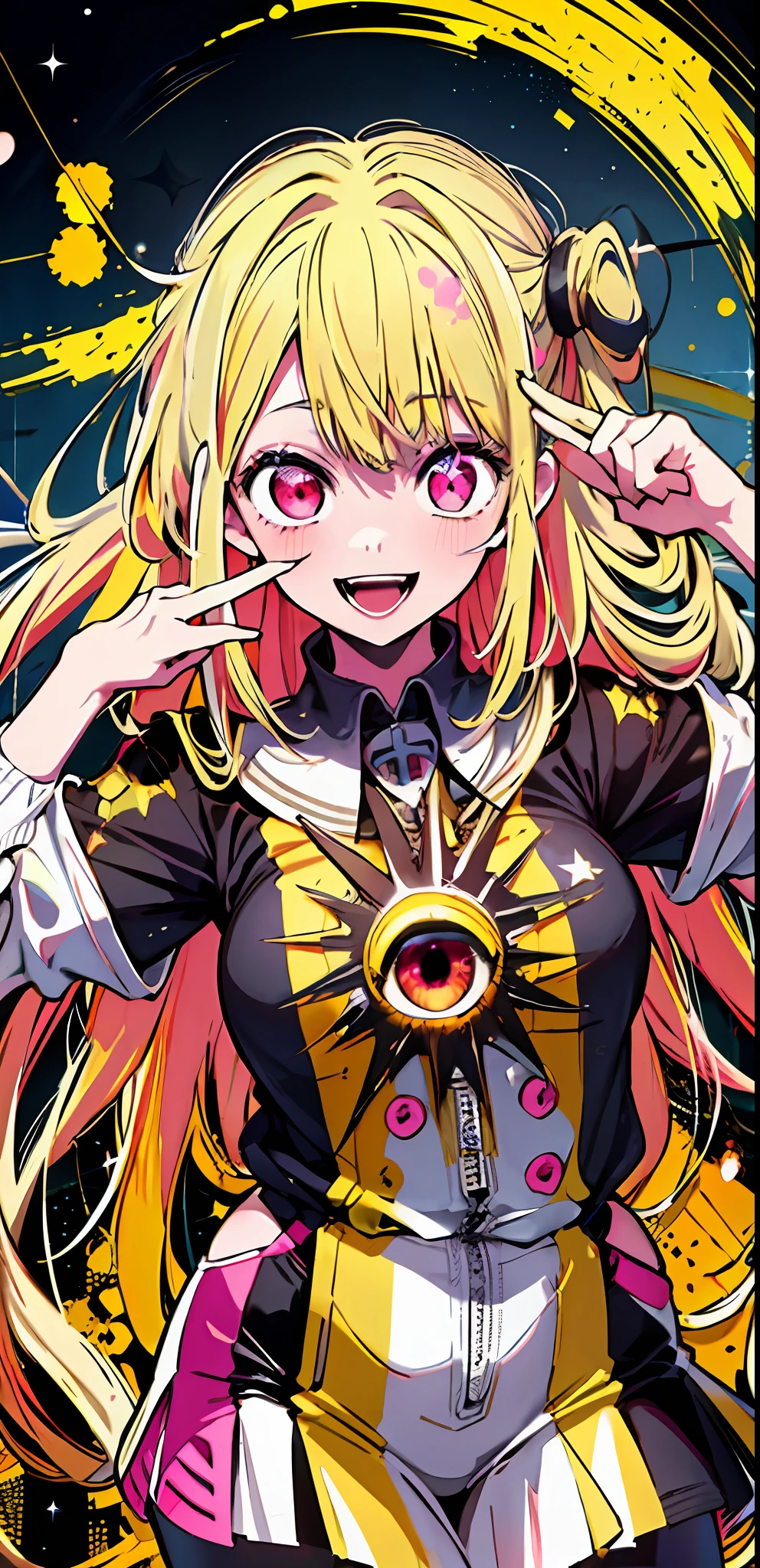 original character , 1girl, (crazy smile:1.2) , blonde hair , bangs , crazy eyes , hands on face , yellow blood splatter on face , yellow and black color scheme, open mouth, (wide-eyed:1.2), glowing eyes, left star shaped eye, star shaped eye, pink eyes, pink eyes