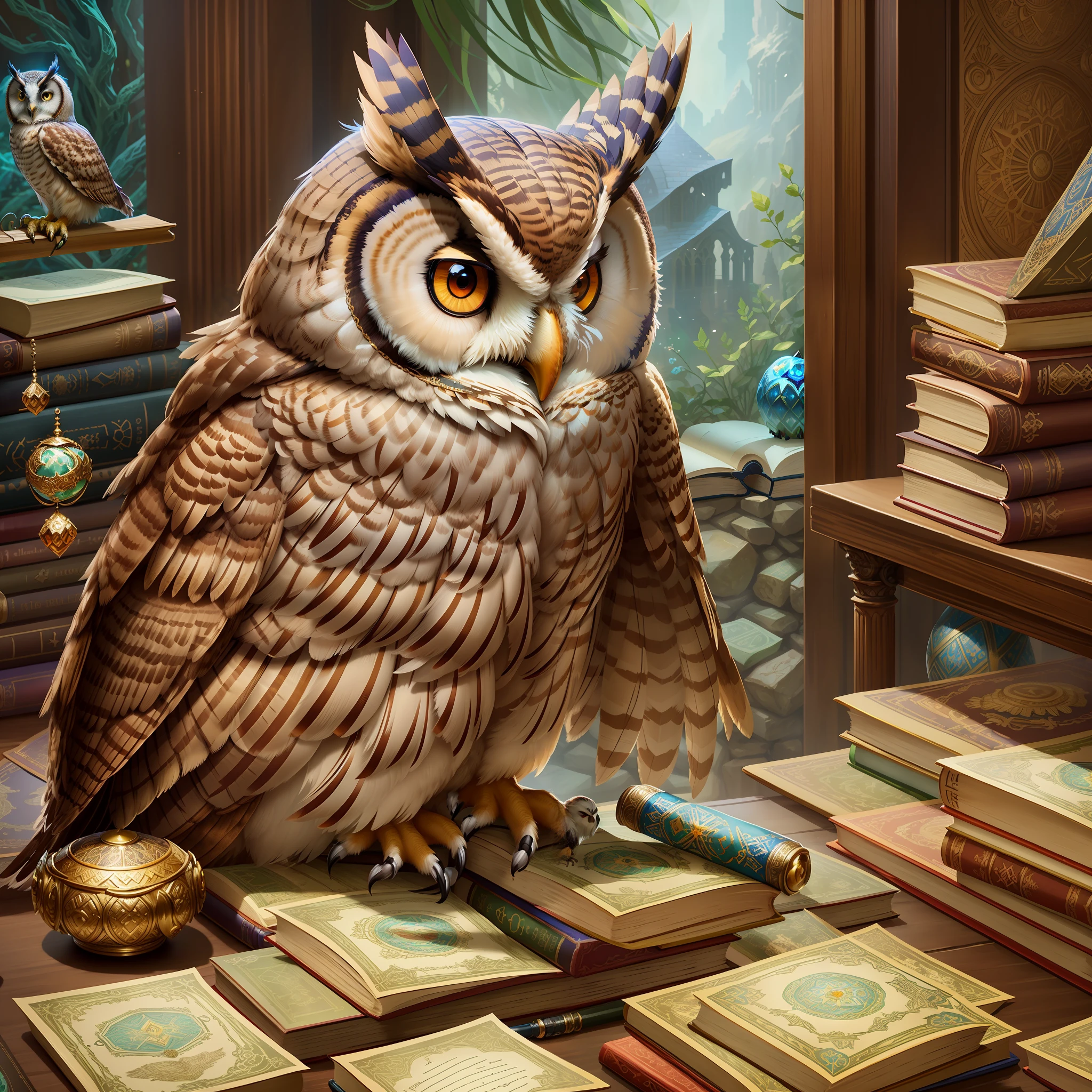 there is a large owl sitting on a desk with many books, by Kerembeyit, owl wizard, realistic fantasy illustration, fantasy rpg book illustration, the wisest of all owls, fantasy book illustration, kerem beyit, detailed fantasy illustration, highly detailed digital painting, by Amanda Sage, high fantasy illustration, by Jason Benjamin, highly detailed digital artwork
