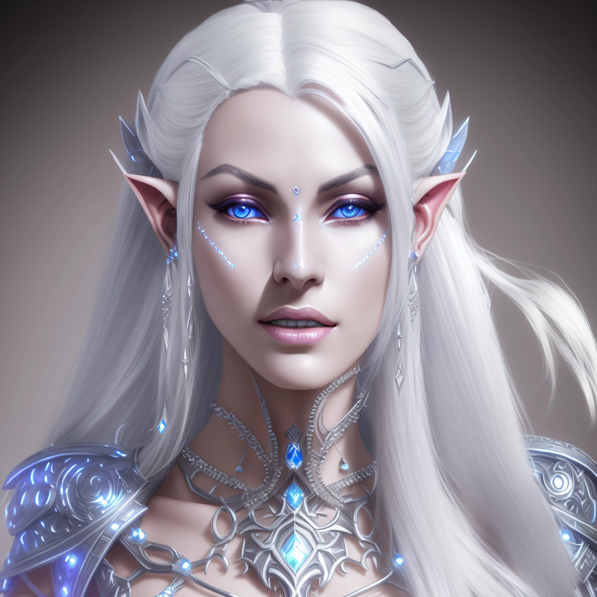 a woman with white hair and blue eyes wearing a silver outfit, beautiful dark elf countess, female drow elf, fantasy concept art portrait, dark elf princess, detailed matte fantasy portrait, portrait of an elf queen, dark elf, fantasy character portrait, elven character with smirk, drow, portrait of very beautiful elf, beautiful and elegant female elf