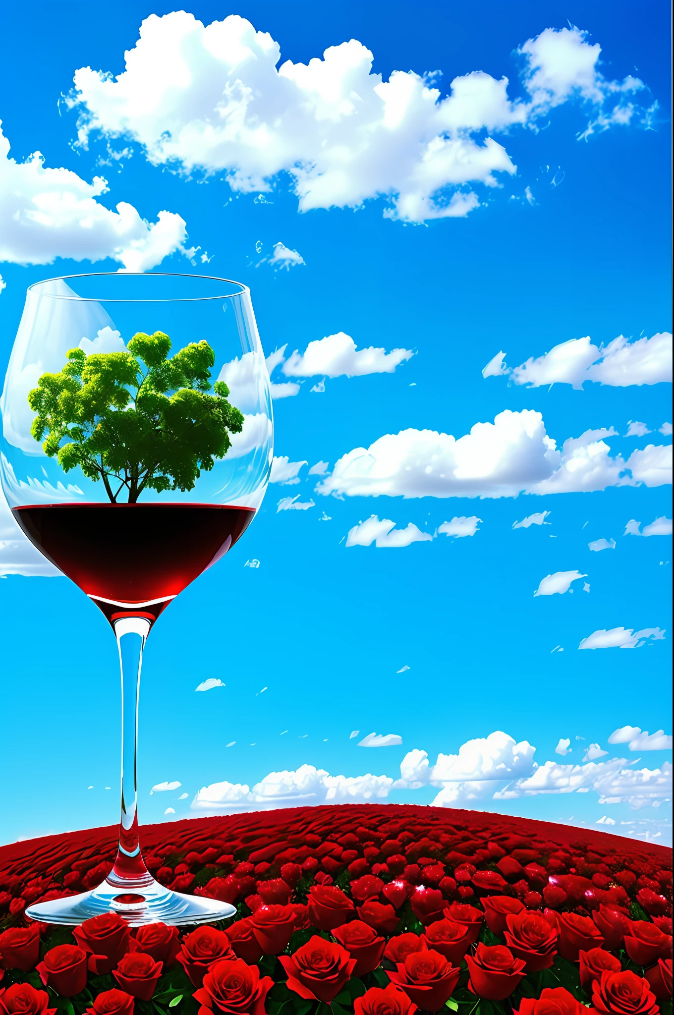 A glass of crystal, red wine, green roses, colorful, blue sky and white clouds