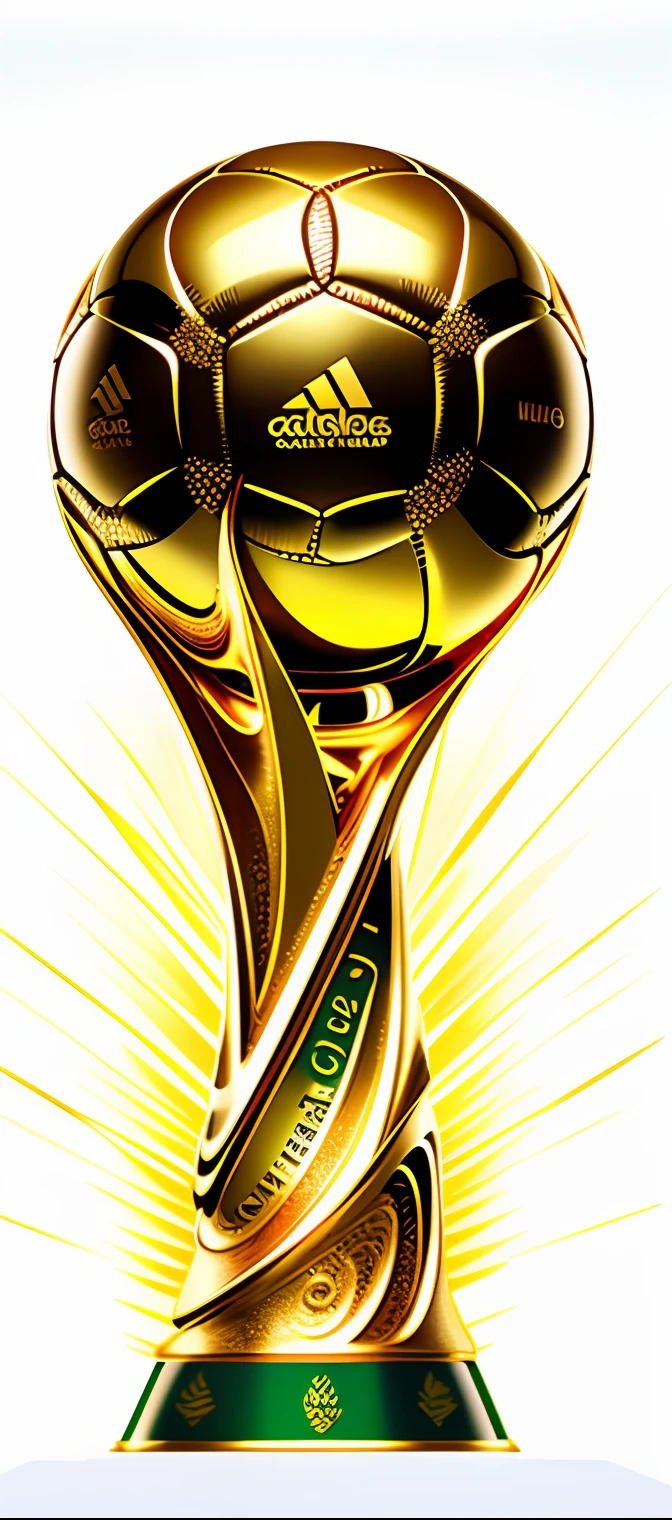 "Golden FIFA World Cup Cup, futuristic, simple and gleaming with completely white background"