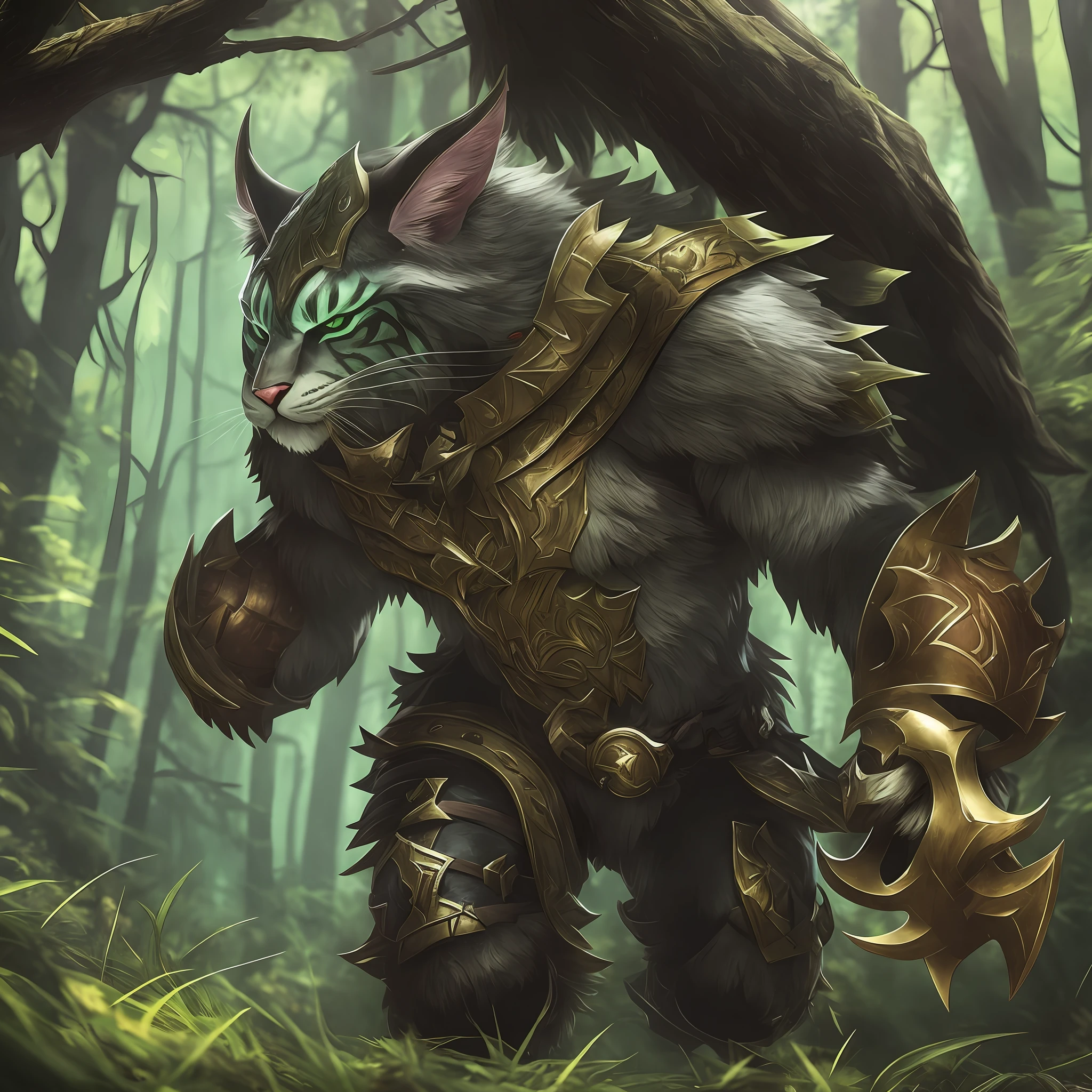 League of legends character Rengar, hunting in the forest with dark background, with iron armor and hunting trophies --auto --s2