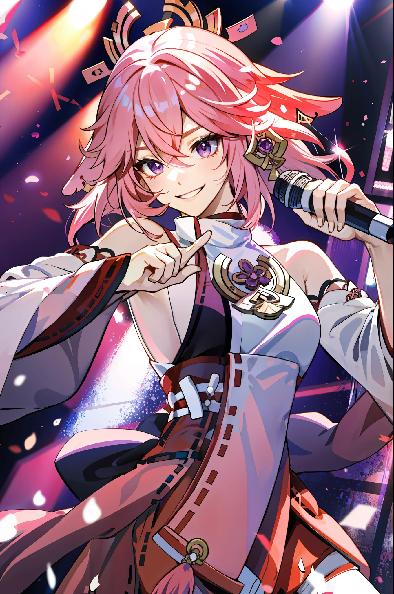 singer girl , pink hair, purple eyes, yae miko, in a concert singing
