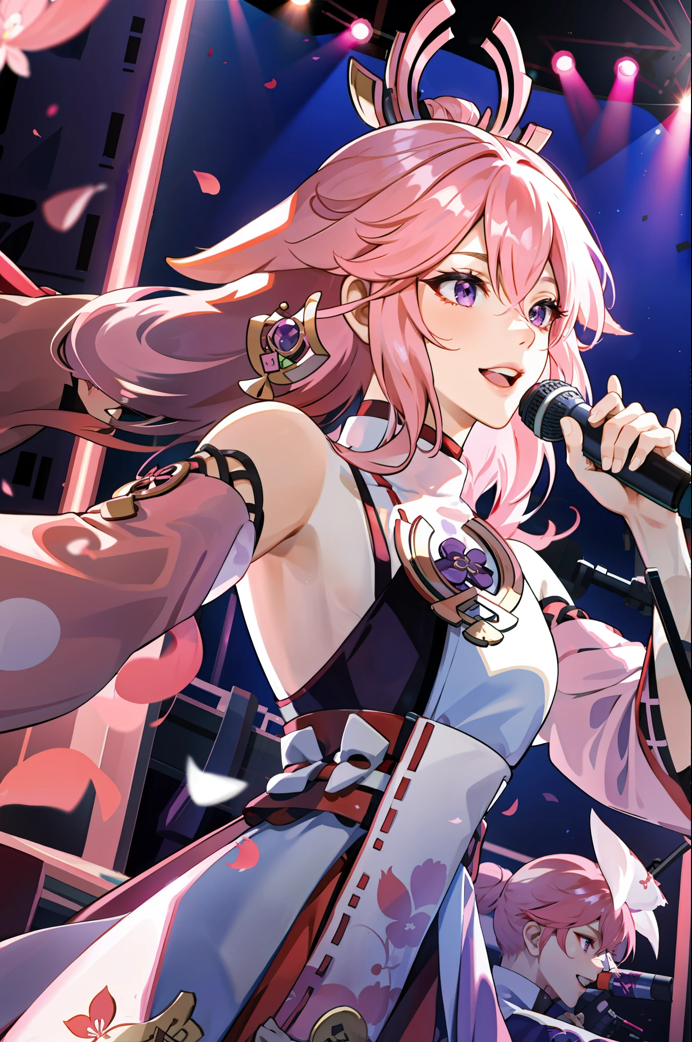 singer girl , pink hair, purple eyes, yae miko, in a concert singing