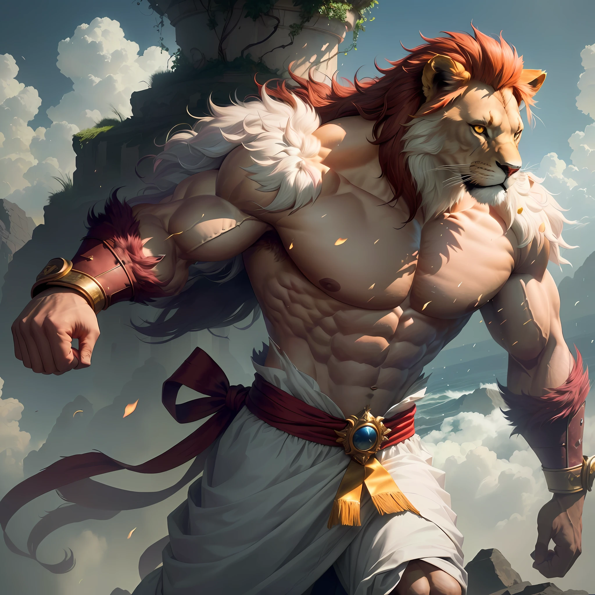 Anthropomorphic lion, humanoid, bodybuilder, fighter, defined hair, pectoral with feline hair, proportional head, extremely strong