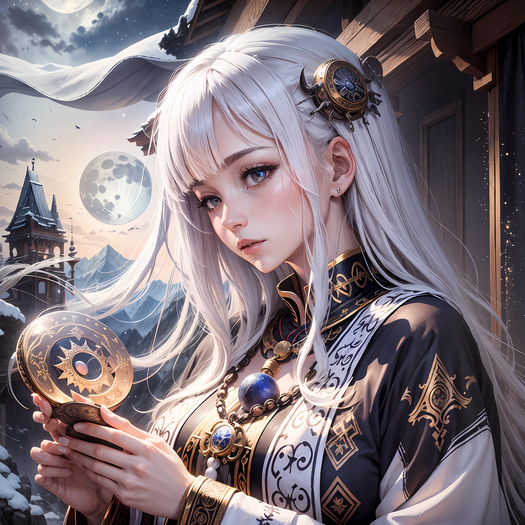full moon, priestess, prayer, shrine, deep in the mountains, white background --auto --s2