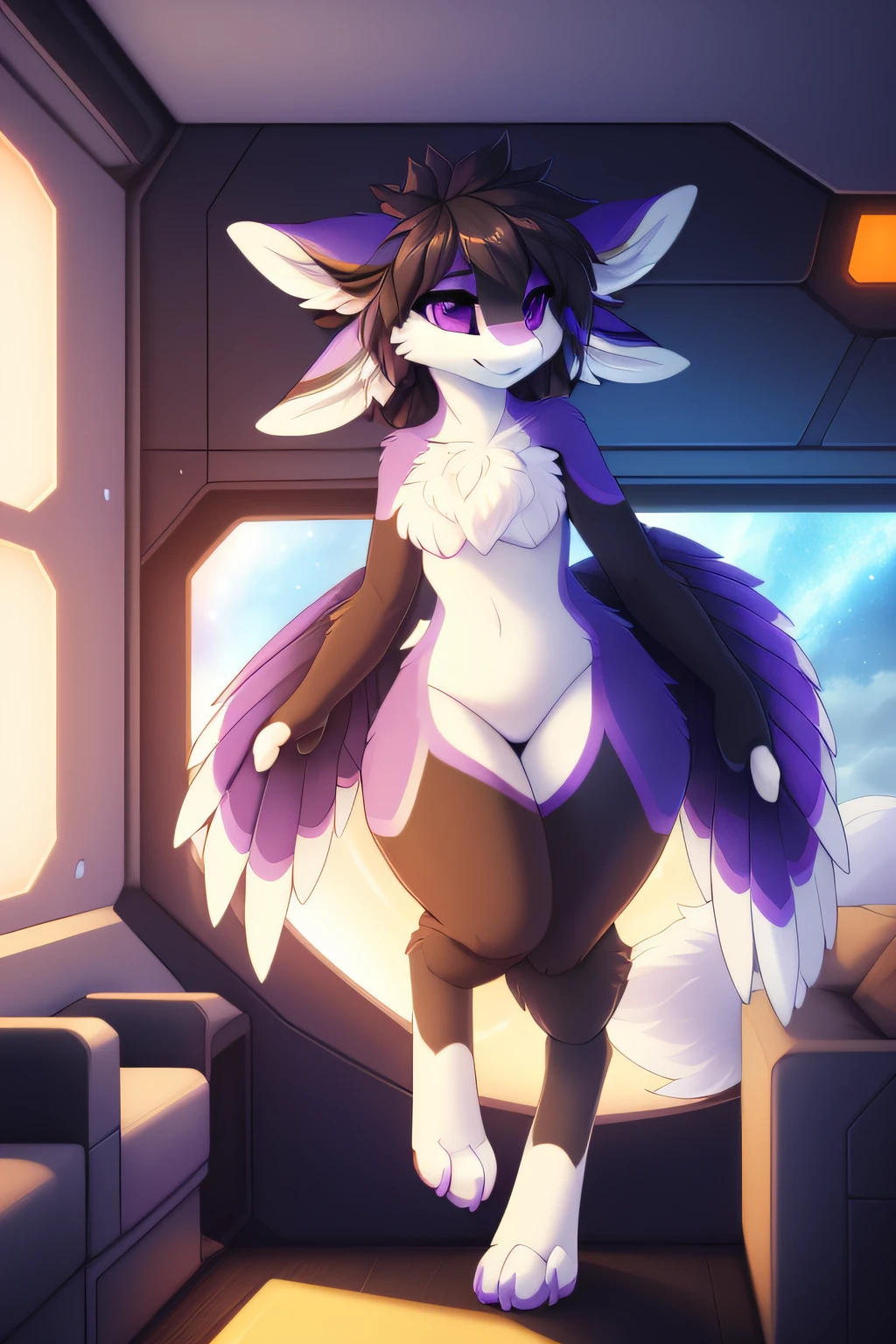 (nsfw, furry art, highly detailed illustration, posted on e621, by hioshiru:1.0), (female:1.4, avali:1.3, avian:1.0, anthro, digitigrade), (head has two left ears and two right ears:1.15, legs have short thighs and very long feet:1.25, feet have three toes and a small dewclaw:1.4, hands have two fingers and a thumb:1.1), (thick fluffy hair:1.5, long messy hairstyle, thigh fluff:1.3, black sclera and purple eyes, dark slate hair, dark slate fur all over body, dark slate feathers with vibrant lavender banding, white fur on front), (perfect shapely breasts:1.2, small breasts:0.4, plump), (cozy living room on spaceship with large window showing beautiful galaxy)