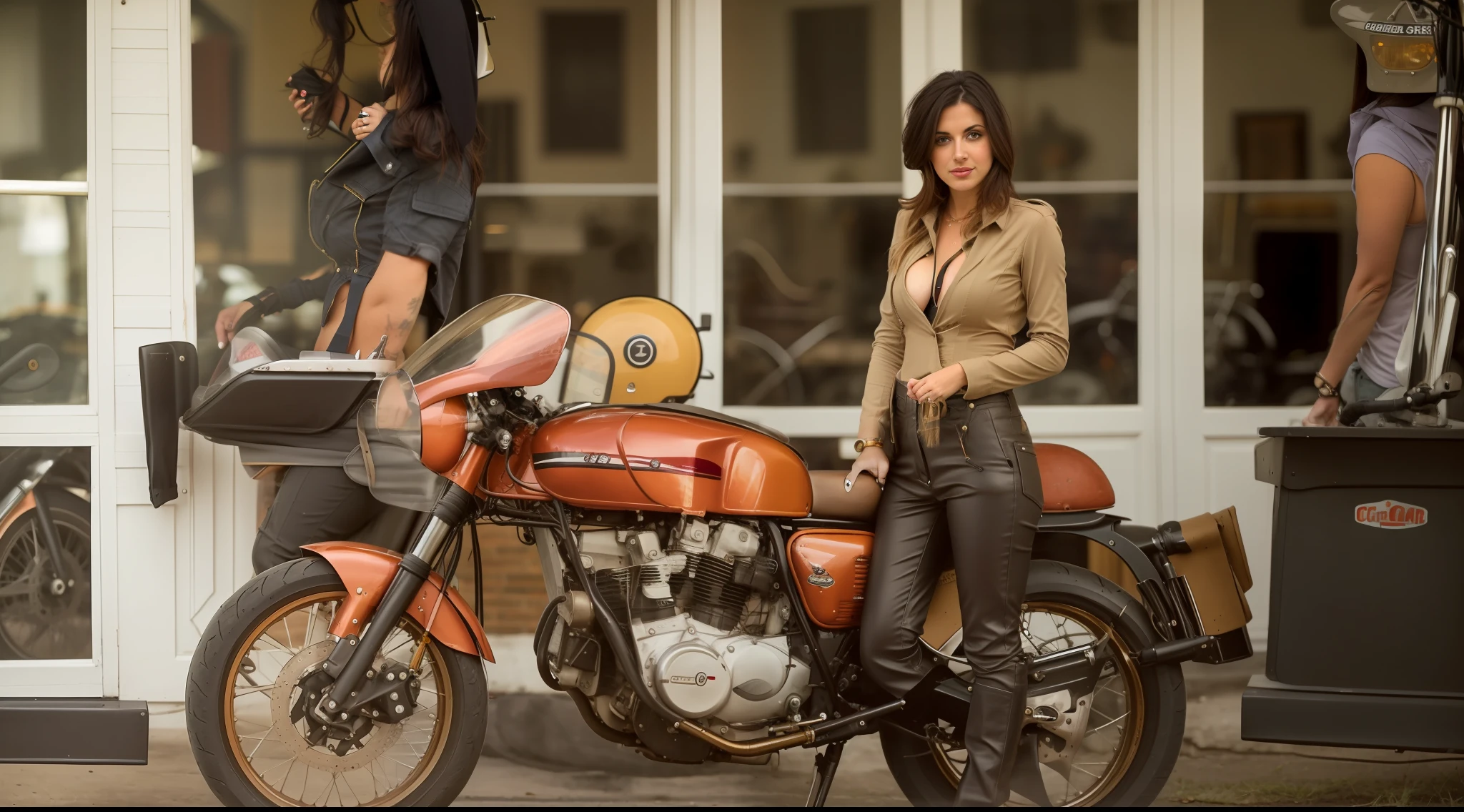 Cafe racer, female model, motorcycle, very cute model, Italian style, super large, cleavage, braless, see-through, camel claws, unbutton all clothes