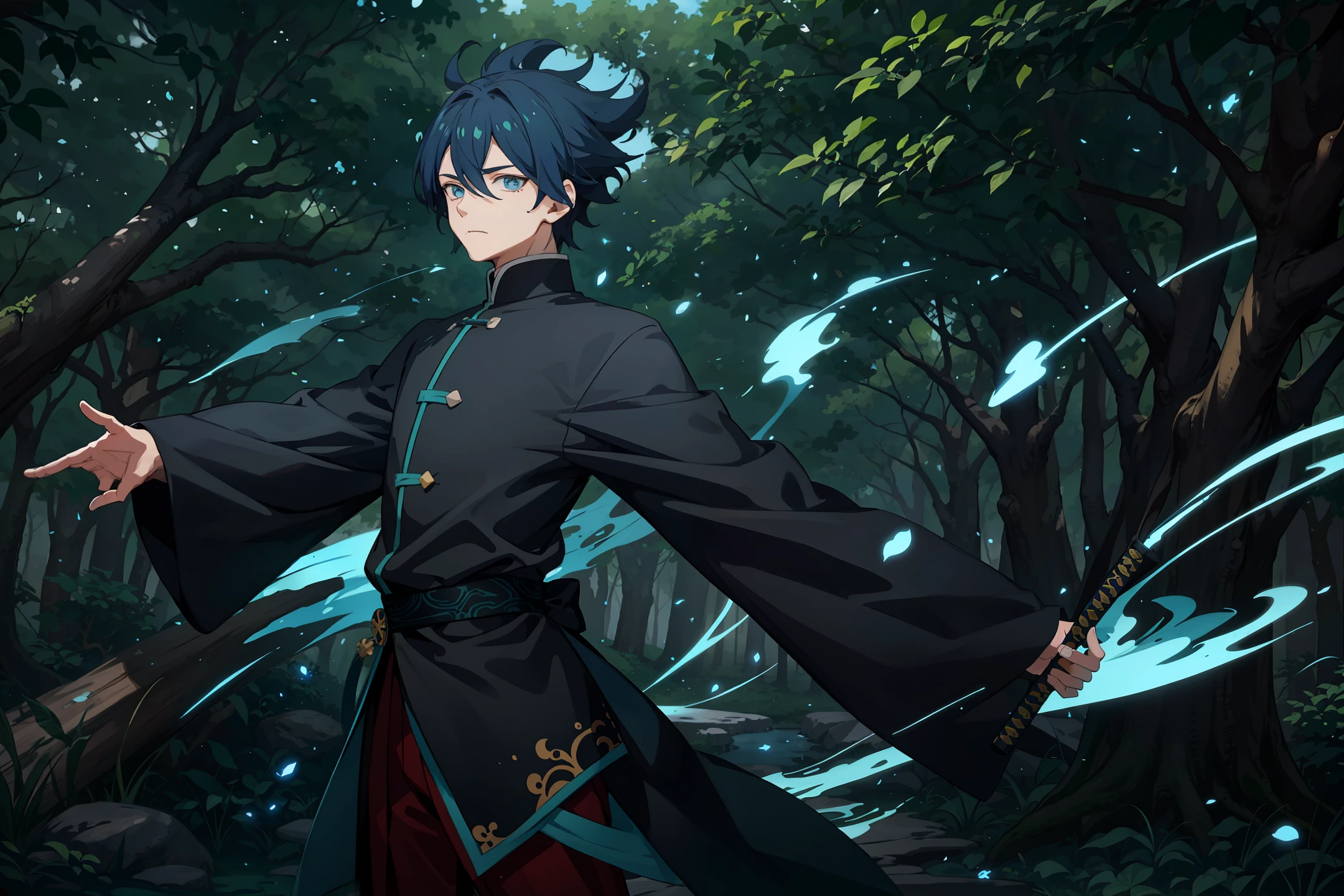 Monk floating amidst a forest of blue trees kimetsu no yaiba style 4k illustration