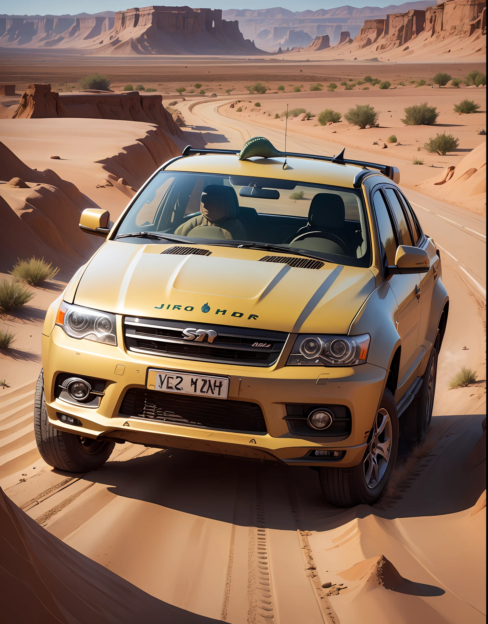 A car with a dinosaur's head in the Jupter Desert --auto --s2