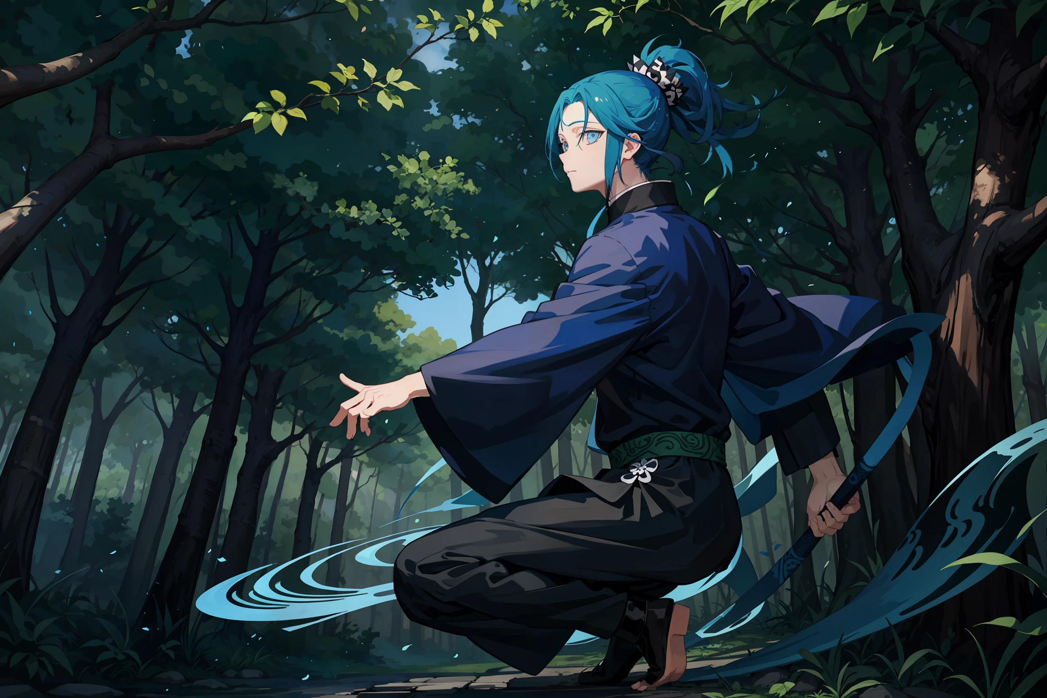 Monk floating amidst a forest of blue trees kimetsu no yaiba style 4k illustration