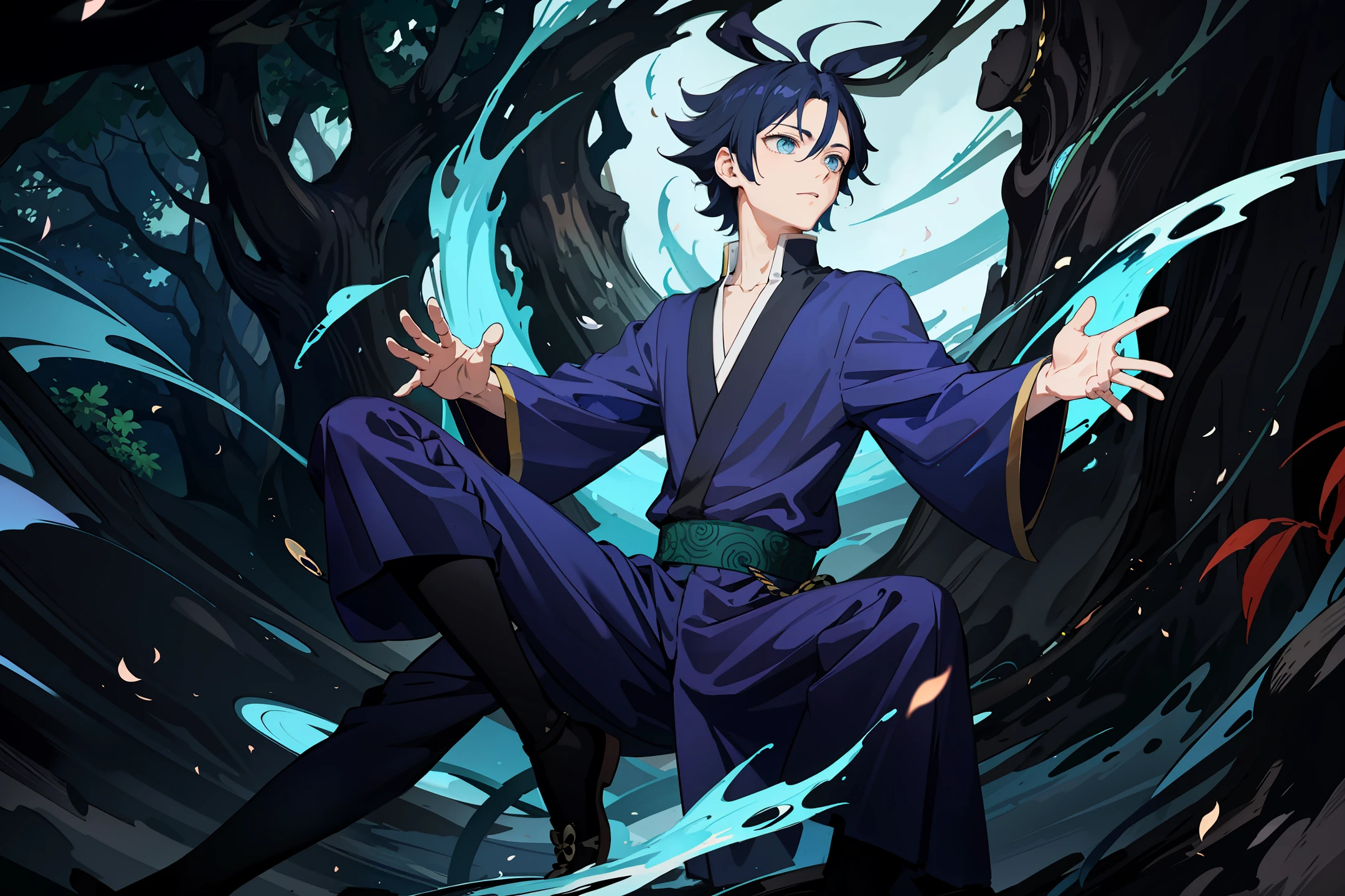 Monk floating amidst a forest of blue trees kimetsu no yaiba style 4k illustration
