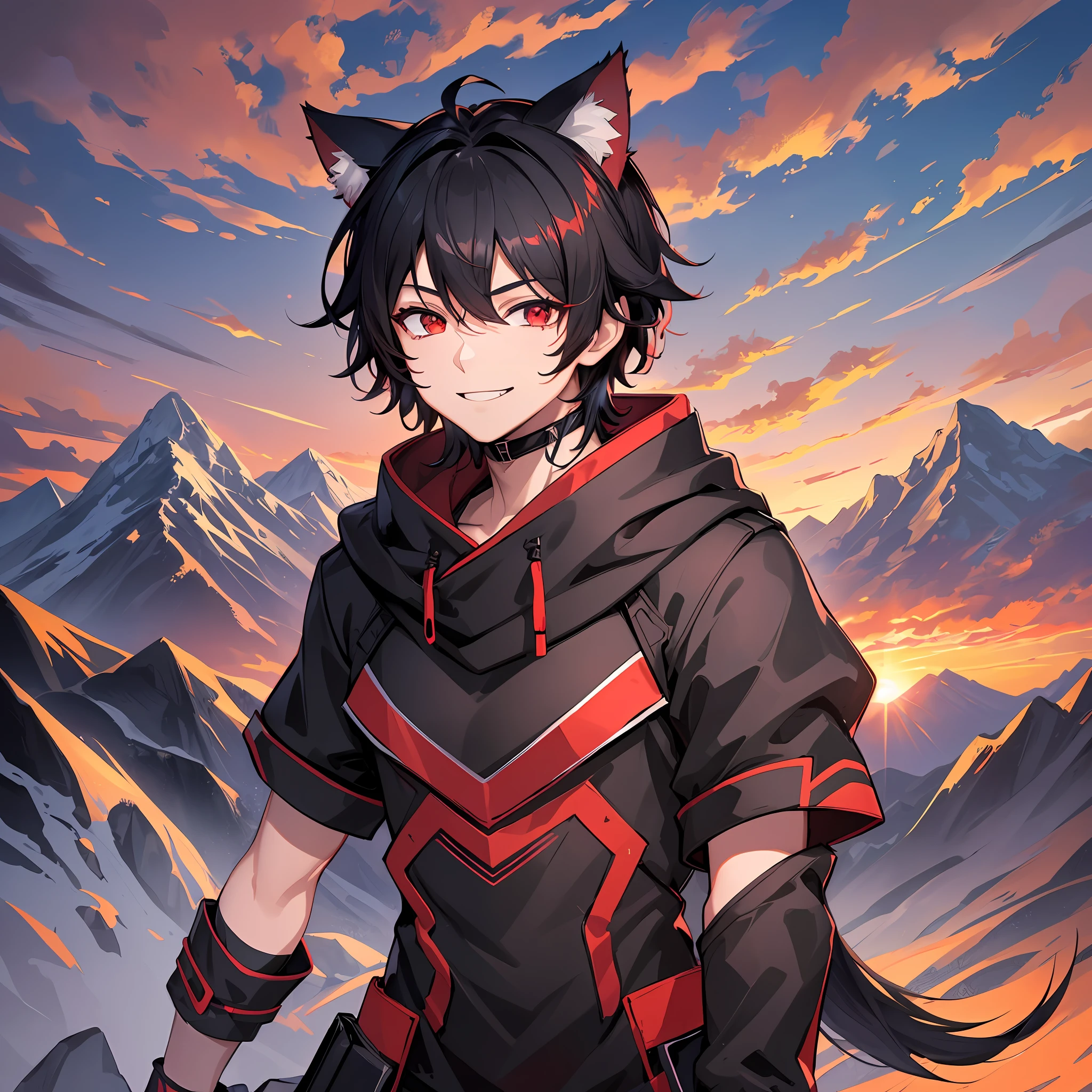 1boy, glossy dark black hair, red eyes, large sharp cat ears, cat tail, staring at viewer while grinning, mountainous setting, sunrise, 4k Resolution