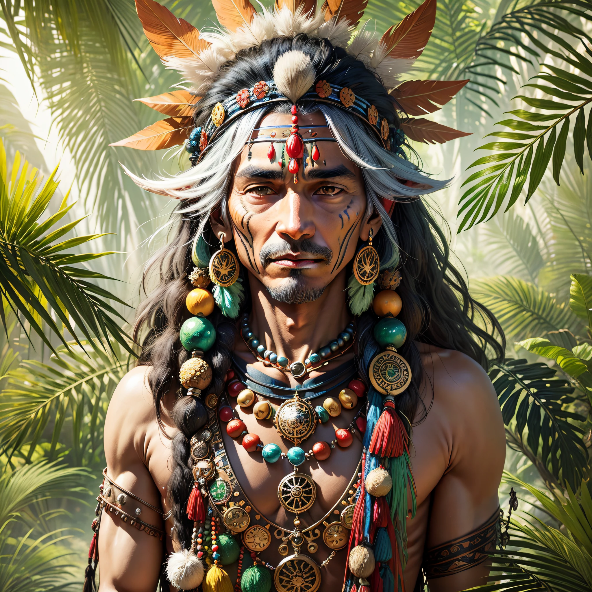 The image shows a shaman from an Amazon tribe, with all the characteristic adornments of the region. He's about 60 years old, with long, gray hair that falls over his shoulders. He has sun-tanned, slightly reddish brown skin, with a few wrinkles that denote his life experience. He has deep brown eyes and an expression of wisdom and serenity. He is wearing a headdress of colorful feathers, which symbolize his authority and his spiritual power. He has several necklaces and earrings of seeds, shells and teeth of animals, which represent his connection with nature and his protective spirits. He has face paintings of geometric shapes, made with jenipapo and annatto, which indicate his function as healer and mediator between the visible and the invisible world. In his hands, he holds a maraca, a musical instrument used in his rituals of healing and communication with spirits. On his chest, he carries a special necklace, made with a green stone, which is his source of energy and knowledge. The background of the image is a landscape of the Amazon rainforest, with trees, plants and animals. Sunlight penetrates between the leaves, creating an effect of shadow and light. The image conveys a sense of peace, harmony and respect for indigenous culture. --auto --s2