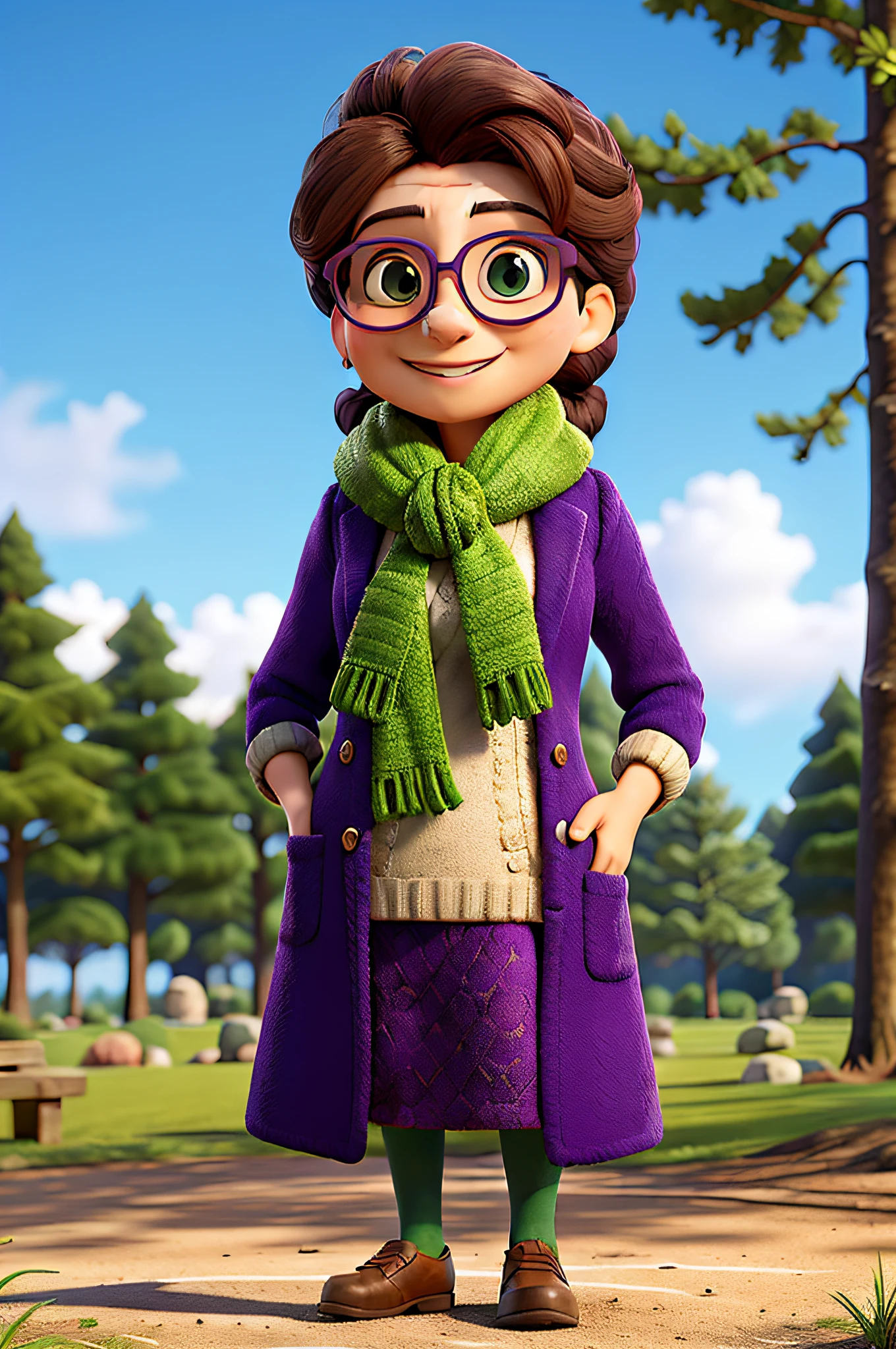 Masterpiece, of best quality, a lady in glasses and scarf, wearing a purple coat and green scarf, standing in the park, front