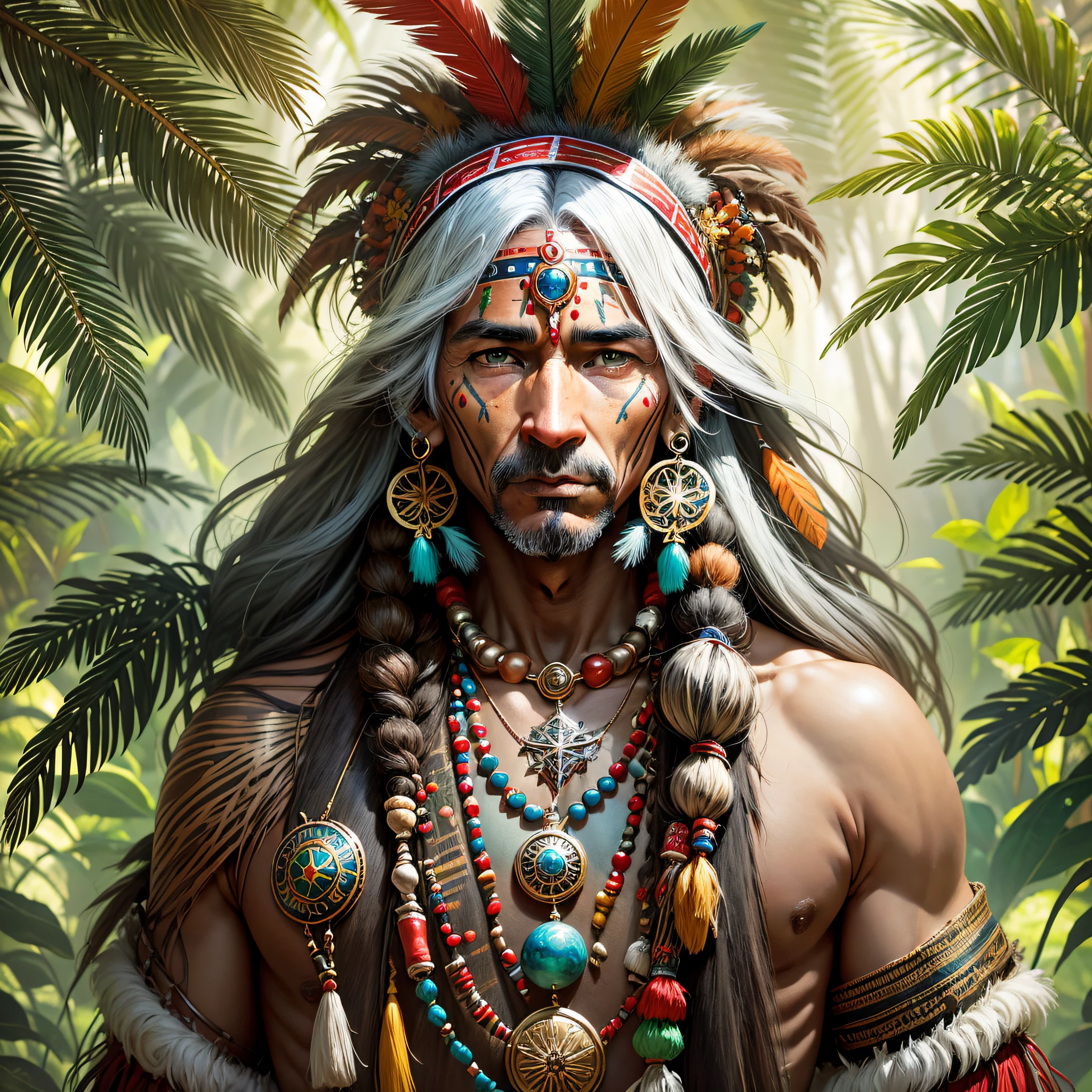The image shows a shaman from an Amazon tribe, with all the characteristic adornments of the region. He's about 60 years old, with long, gray hair that falls over his shoulders. He has sun-tanned, slightly reddish brown skin, with a few wrinkles that denote his life experience. He has deep brown eyes and an expression of wisdom and serenity. He is wearing a headdress of colorful feathers, which symbolize his authority and his spiritual power. He has several necklaces and earrings of seeds, shells and teeth of animals, which represent his connection with nature and his protective spirits. He has face paintings of geometric shapes, made with jenipapo and annatto, which indicate his function as healer and mediator between the visible and the invisible world. In his hands, he holds a maraca, a musical instrument used in his rituals of healing and communication with spirits. On his chest, he carries a special necklace, made with a green stone, which is his source of energy and knowledge. The background of the image is a landscape of the Amazon rainforest, with trees, plants and animals. Sunlight penetrates between the leaves, creating an effect of shadow and light. The image conveys a sense of peace, harmony and respect for indigenous culture. --auto --s2
