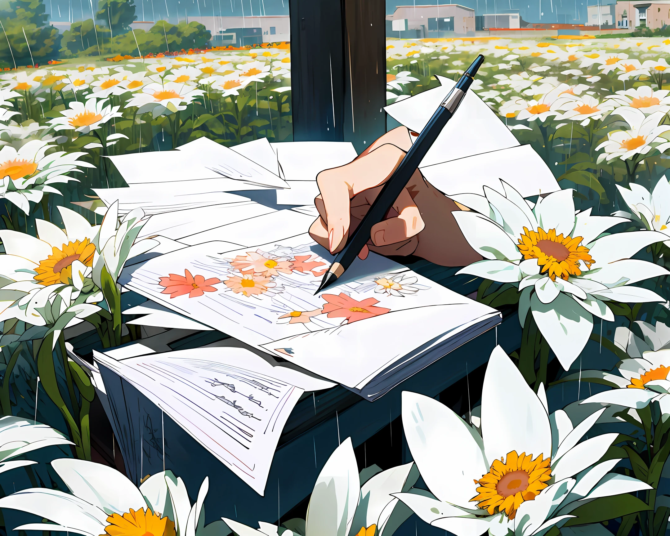 Flowers, sun, rain and you, thoughts of you are written into paper and pen.