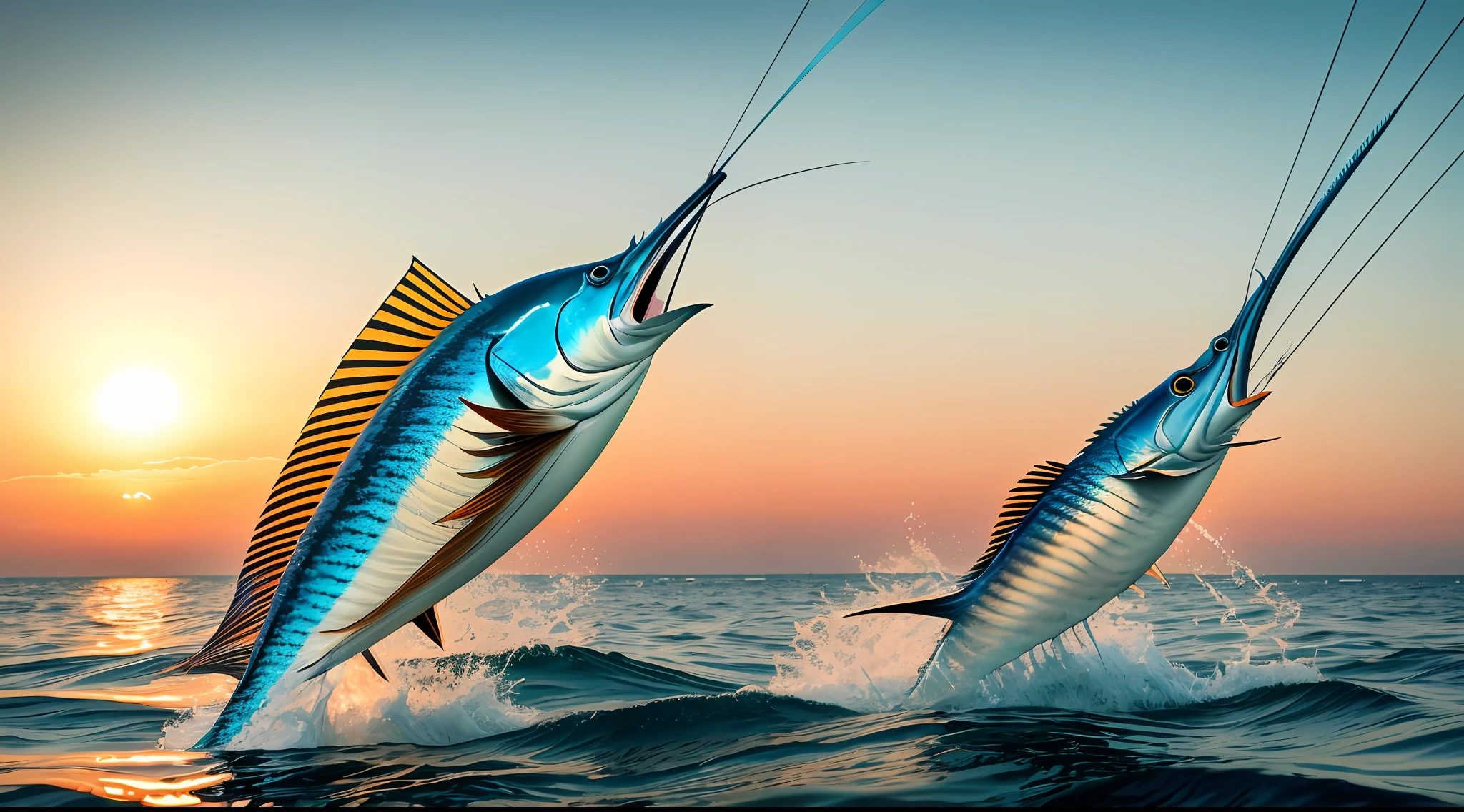 1 SAILFISH, jumping out of the sea, next to 1 sailboat, Sun setting, 4k, in double eye, IN DOUBLE fin