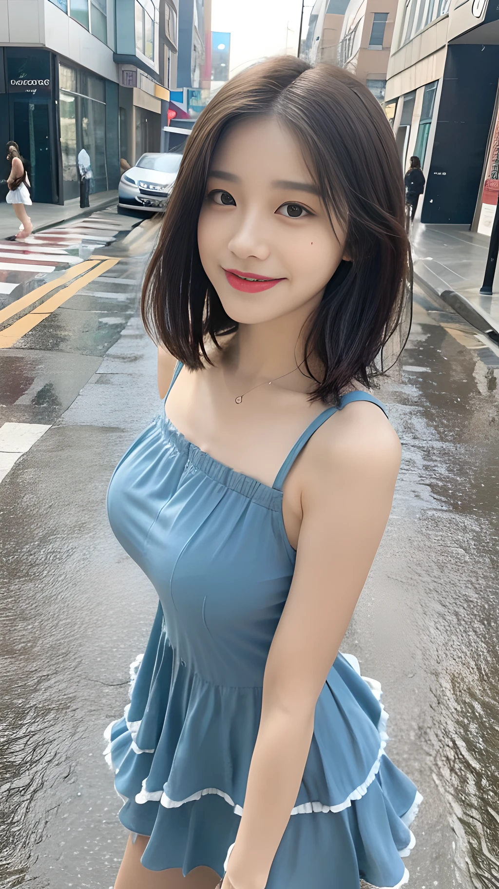 ((Best Quality, 8K, Masterpiece:1.3)), Focus: 1.2, Perfect Body Beauty: 1.4, Buttocks: 1.2, ((Layered Haircut, Breasts: 1.2)), (Wet Clothes: 1.1), (Rain, Street:1.3), Bandeau Dress: 1.1, Highly Detailed Face and Skin Texture, Fine Eyes, Double Eyelids, Whitening Skin, Long Hair, (Shut Up: 1.3), Smile