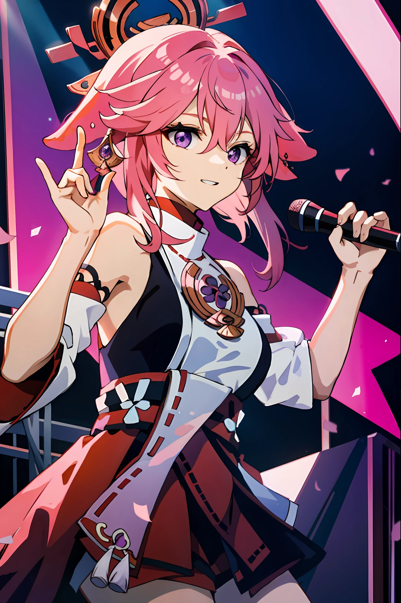 singer girl , pink hair, purple eyes, yae miko, in a concert singing