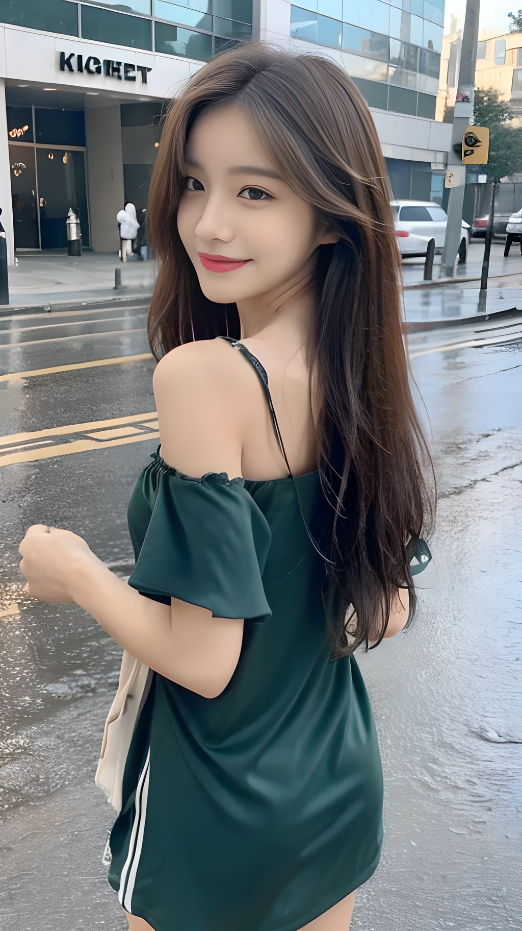 ((Best Quality, 8K, Masterpiece:1.3)), Focus: 1.2, Perfect Body Beauty: 1.4, Buttocks: 1.2, ((Layered Haircut, Breasts: 1.2)), (Wet Clothes: 1.1), (Rain, Street:1.3), Bandeau Dress: 1.1, Highly Detailed Face and Skin Texture, Fine Eyes, Double Eyelids, Whitening Skin, Long Hair, (Shut Up: 1.3), Smile