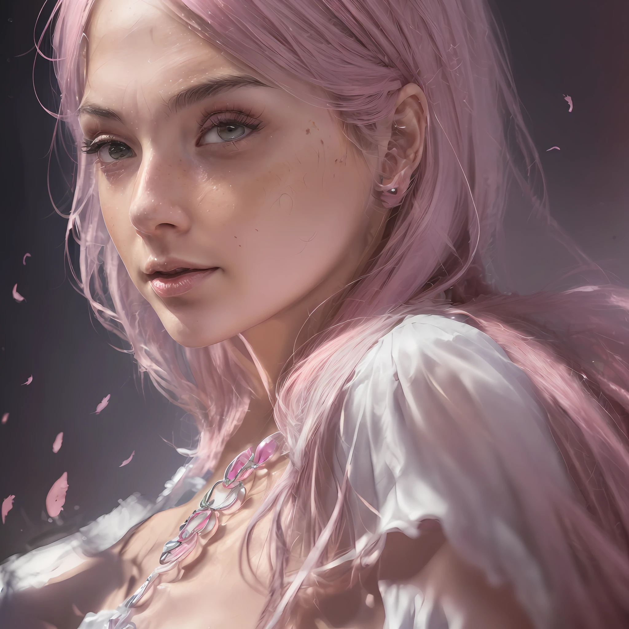 (digital painting:1.2) (closeup head shot), (looking at viewer:1.3),(1girl:1.3),(realistic photo:1.3), (portrait:1.2) , wearing white (dress:1.2), (pink:1.3) hair, (highly detailed Heterochromia iridum eyes:1),(highly detailed skin:1.3),(freckles:1.1),pores, (4k),back lit, kidney light, moody dark lighting, (silver necklace:1),(greg rutkowski0.8), cinematic film yet, --auto --s2