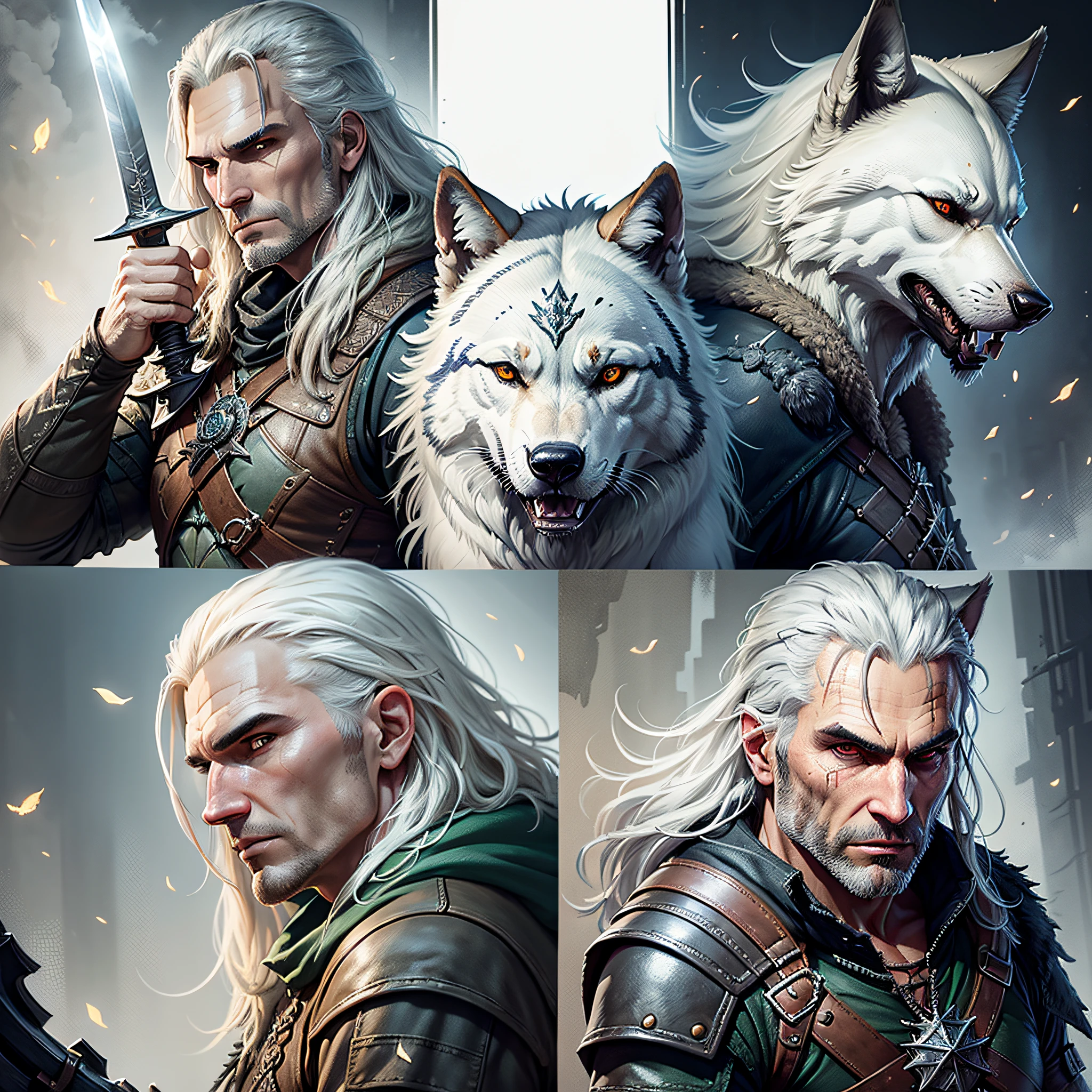 Geralt of Rivia holding sword, skell, lambert and vesemir, 4K quality, wolf school background, and wolf symbol --auto --s2