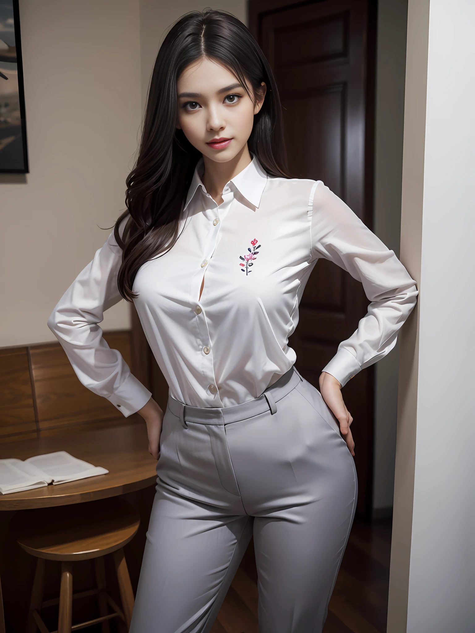 1girl, (best quality, masterpiece, ultra high resolution), (realistic:1.4), (realistic:1.4), (long legs: 1.3), (shut up), (light smile: 1.2), (expressive hair: 1.2), (long suit: 1.4), (collared shirt: 1.2), (trousers: 1.2), embroidery, (bright lights: 1.3), indoors, dynamic pose, perfect big eyes, lively and seductive, full breasts, buttocks, (hands on hips), (standing), (slender), (slender legs), (perfect body: 1.2), (side facing), shiny skin, blushing nose