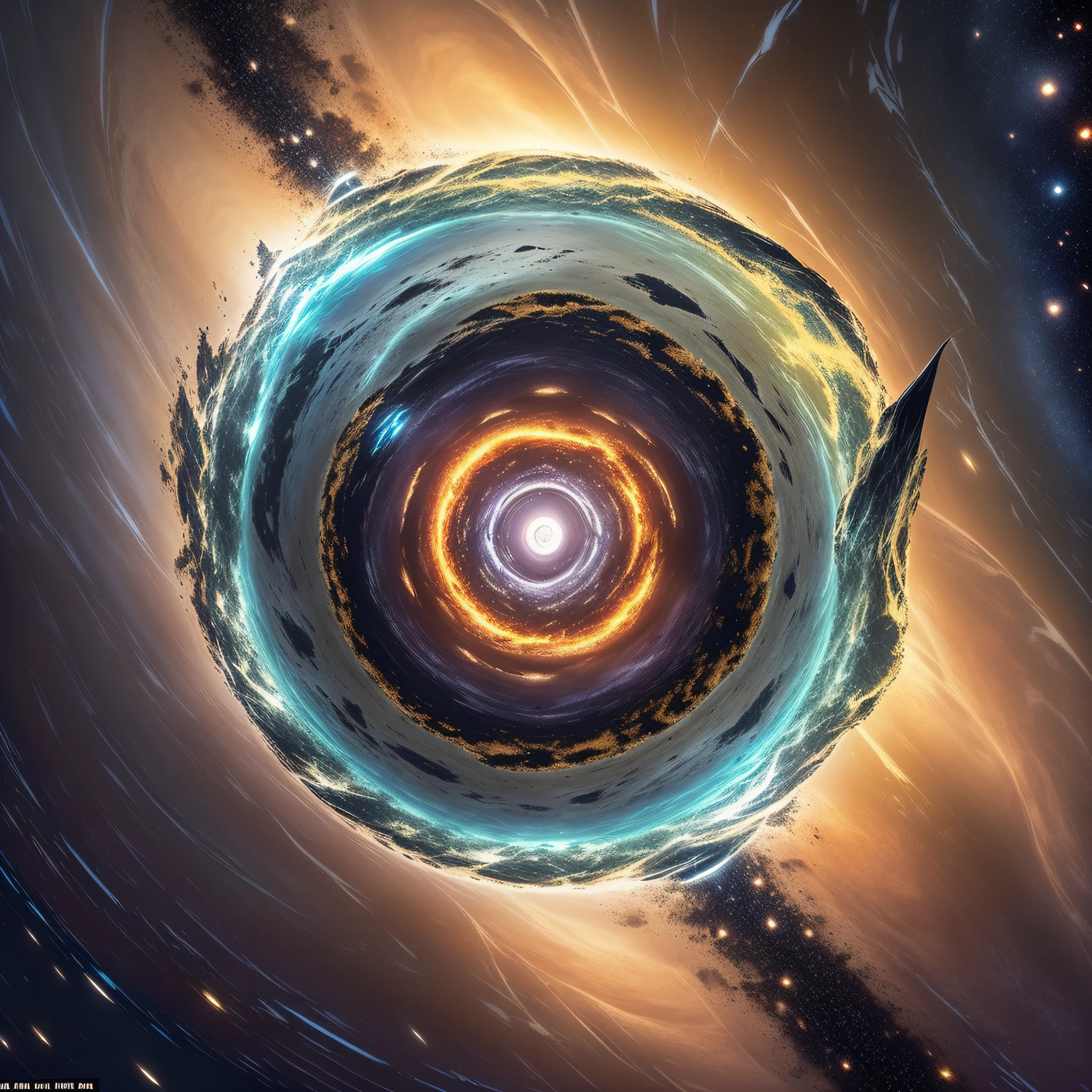 (floating black hole: 1.5), clear, bright and shimmering details, a sense of depth, surrounded by multiple distinct luminous layers, enhanced lighting, "not including other holes around".