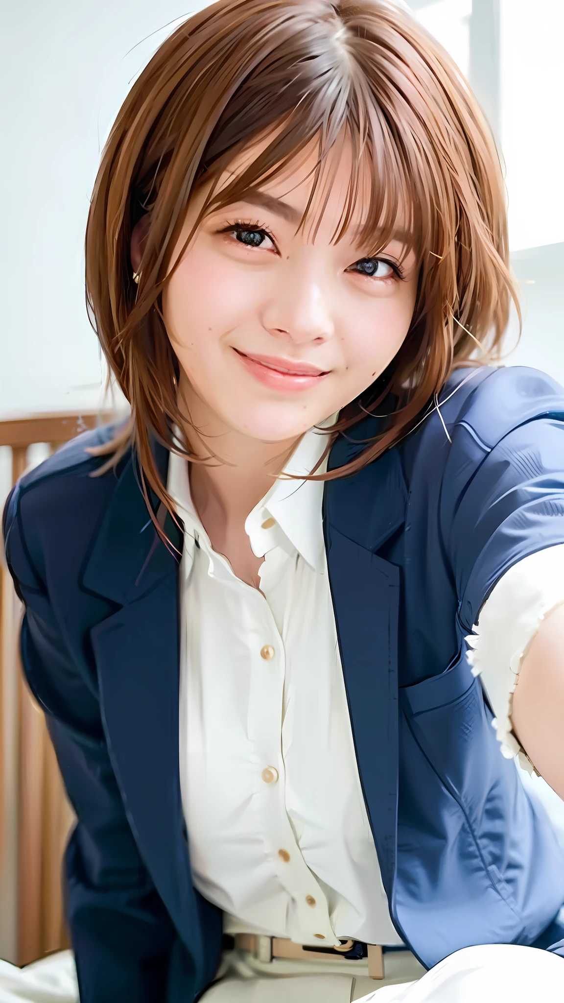 White blouse with collar, huge breasts, bulge of breasts visible from the chest, bra
