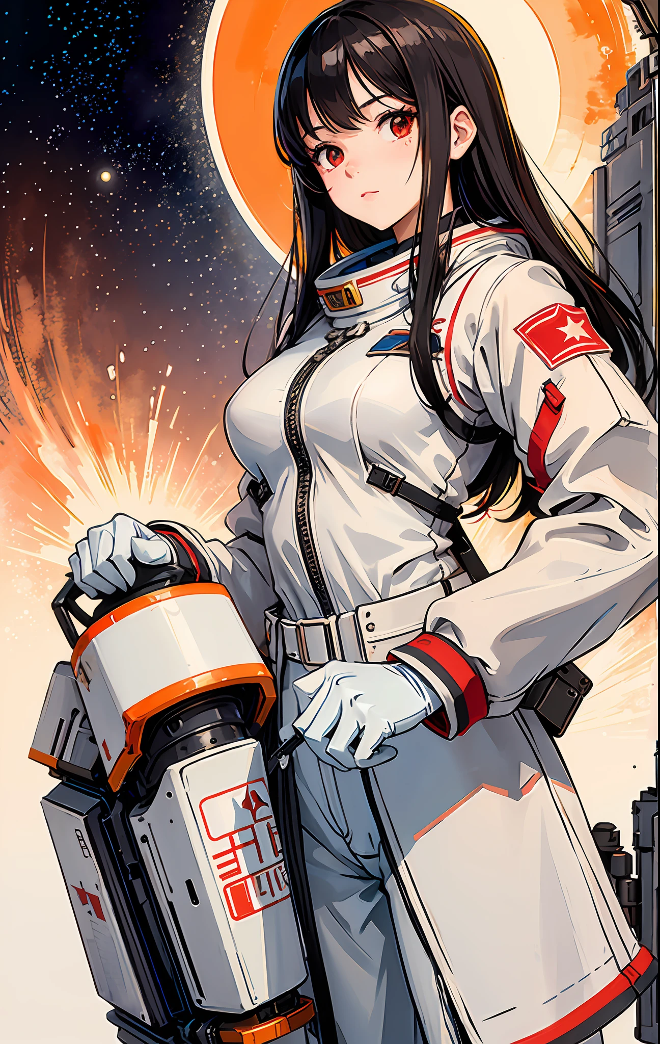 1girl,flat_breasts,cute,beautiful detailed eyes,shiny hair,visible through hair,hairs between eyes, CCCPposter, sovietposter,red monochrome,soviet poster, soviet,communism,
Black_hair,red_eyes,vampire,teenage,poorbreast,Spacesuit:Orange_clothing_body:jumpsuit),white_gloves, white_space shoes, white_helmet, the CCCP red letters on the top of helmet, weightlessness, Side light, reflection, The person in the spacesuit is at the bottom left of the frame, The right hand is outstretched, the right hand gently touches the Salyut space station), Space station in the upper right corner of the screen, Reflected light from the sun, Silver metal,red flag, brilliance,USSR style, diffuse reflection, Metallic texture, The vista is a blue Earth,mecha style,the sea of star,high tone, magnificent