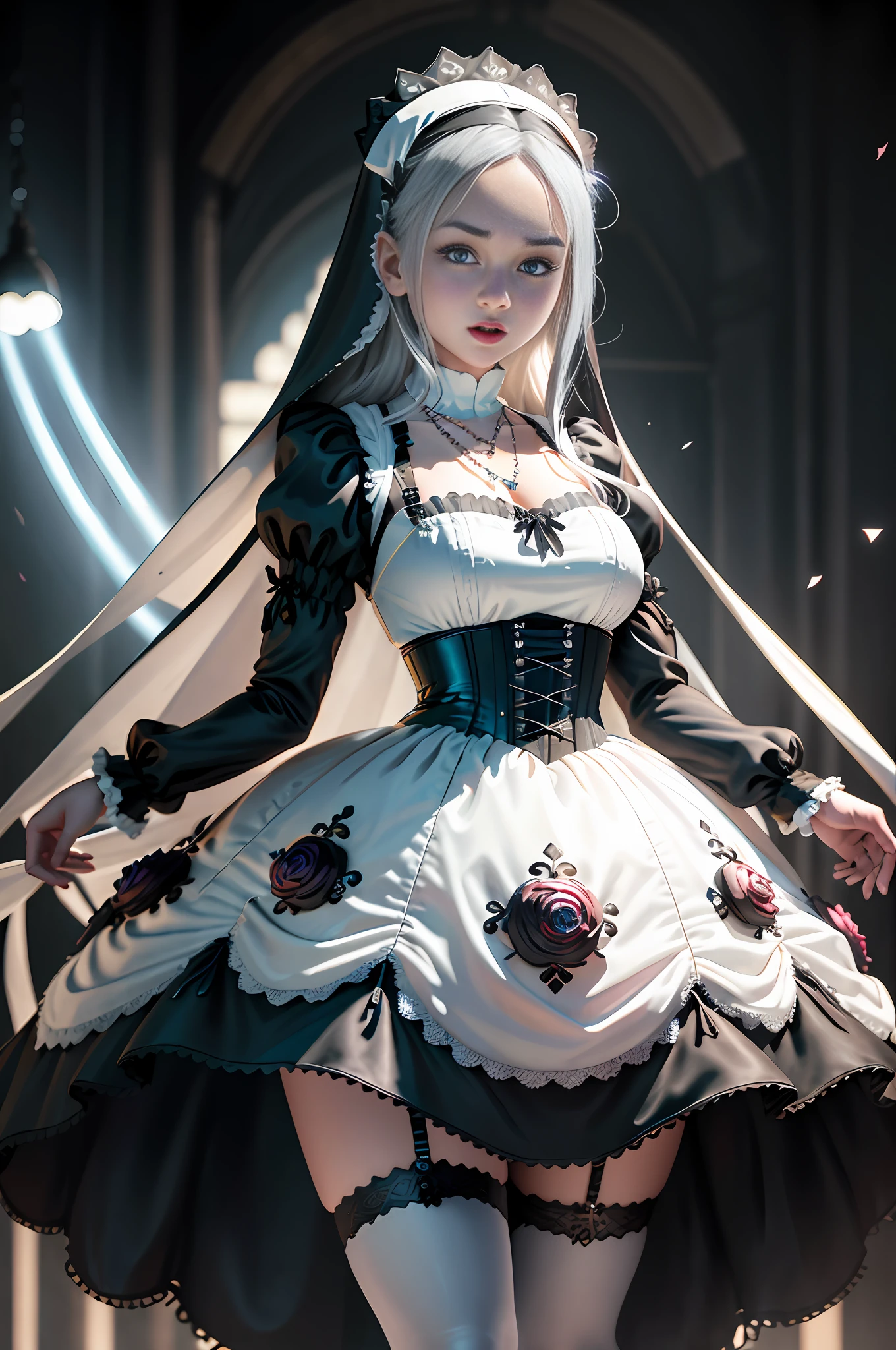 Best quality, masterpiece, high resolution, ultra-realistic 8k CG, beautiful girl with gray hair, blue eyes, open mouth, puffy, plump body, nun bandana, corset nun dress, fleshy thighs, (full body white pattern stockings), high heels, full body, looking at the audience, symmetrical, charming, complex, sexy, elegant, hands interlocked, hair accessories, necklace, tyndall effect, realistic, dark studio, edge lighting, two-tone lighting, (high detail skin: 1.2), 8k uhd, dslr, soft light, high quality, volumetric light, sneak peek, photo, high resolution, 4k, 8k, bokeh,