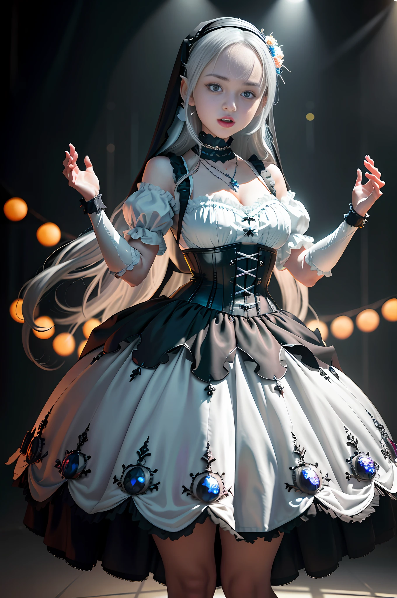 Best quality, masterpiece, high resolution, ultra-realistic 8k CG, beautiful girl with gray hair, blue eyes, open mouth, puffy, plump body, nun bandana, corset nun dress, fleshy thighs, (full body white pattern stockings), high heels, full body, looking at the audience, symmetrical, charming, complex, sexy, elegant, hands interlocked, hair accessories, necklace, tyndall effect, realistic, dark studio, edge lighting, two-tone lighting, (high detail skin: 1.2), 8k uhd, dslr, soft light, high quality, volumetric light, sneak peek, photo, high resolution, 4k, 8k, bokeh,