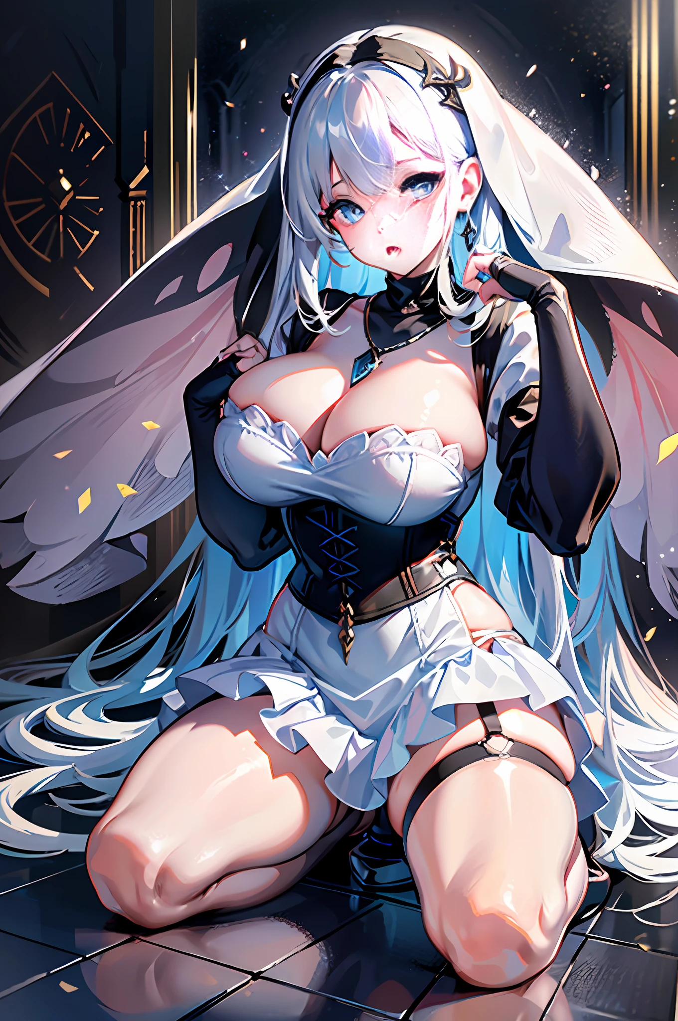 Best quality, masterpiece, high resolution, ultra-realistic 8k CG, beautiful girl, white hair, blue eyes, open mouth, puffy, plump body, nun bandana, (corset, nun dress), fleshy thighs, (full body white pattern stockings), high heels, full body, looking at the audience, symmetrical, charming, complex, sexy, elegant, hands interlocked, hair accessories, necklace, Tyndall effect, realistic, dark studio, edge lighting, two-tone lighting, (high detail skin: 1.2), 8k uhd, dslr, soft light, high quality, volumetric light, sneak peek, photo, high resolution, 4k, 8k, bokeh,